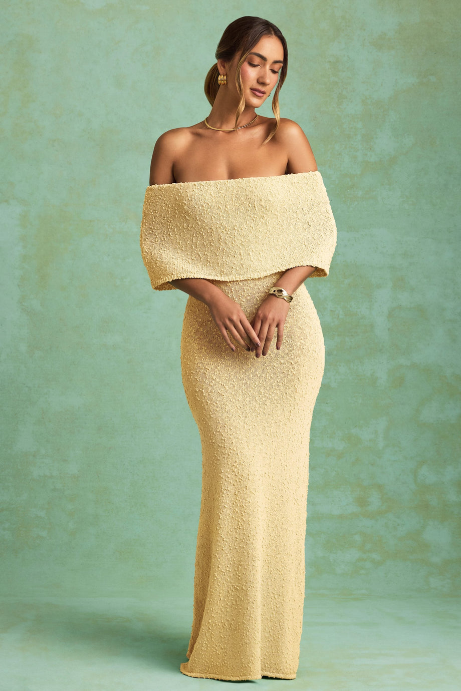 Bouclé Off-Shoulder Maxi Dress in Yellow