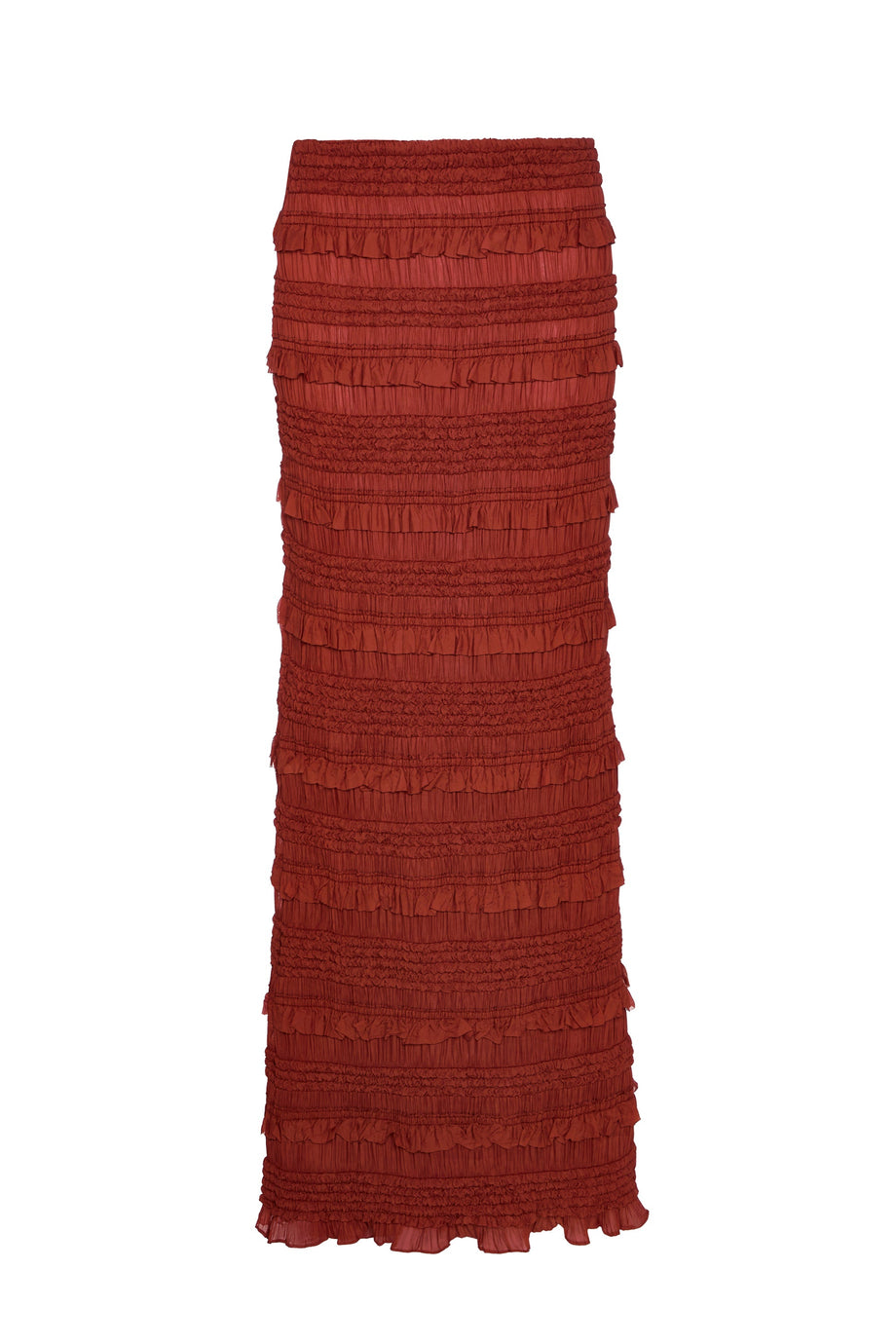 Ruffled Mid-Rise Maxi Skirt in Burnt Red