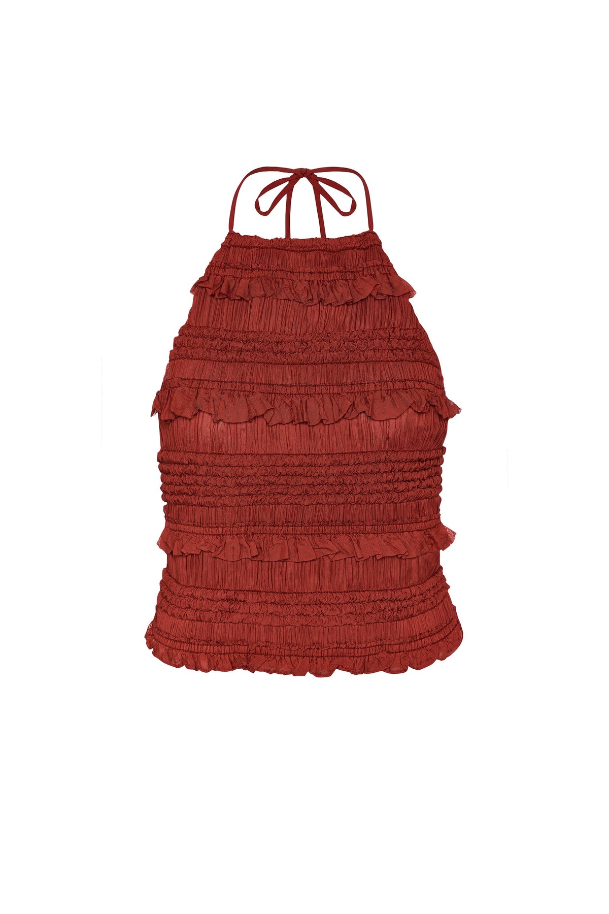 Ruffled High-Neck Backless Top in Burnt Red