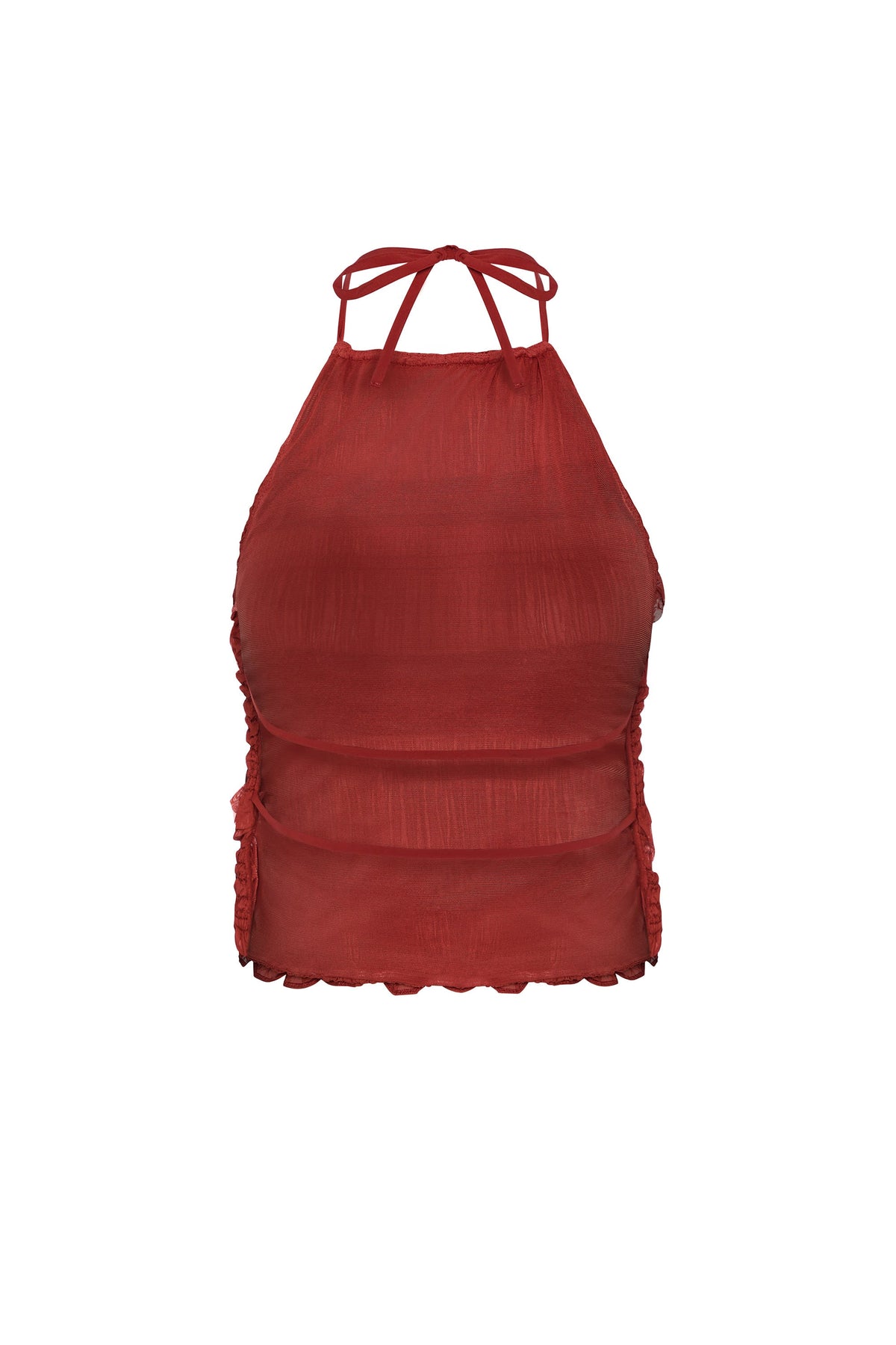 Ruffled High-Neck Backless Top in Burnt Red