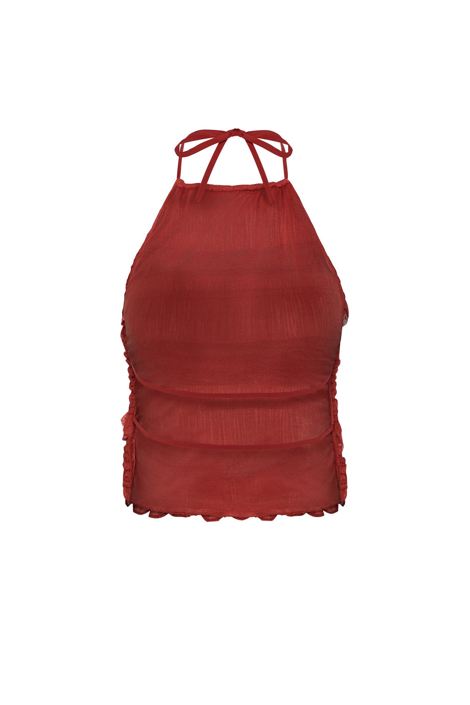 Ruffled High-Neck Backless Top in Burnt Red