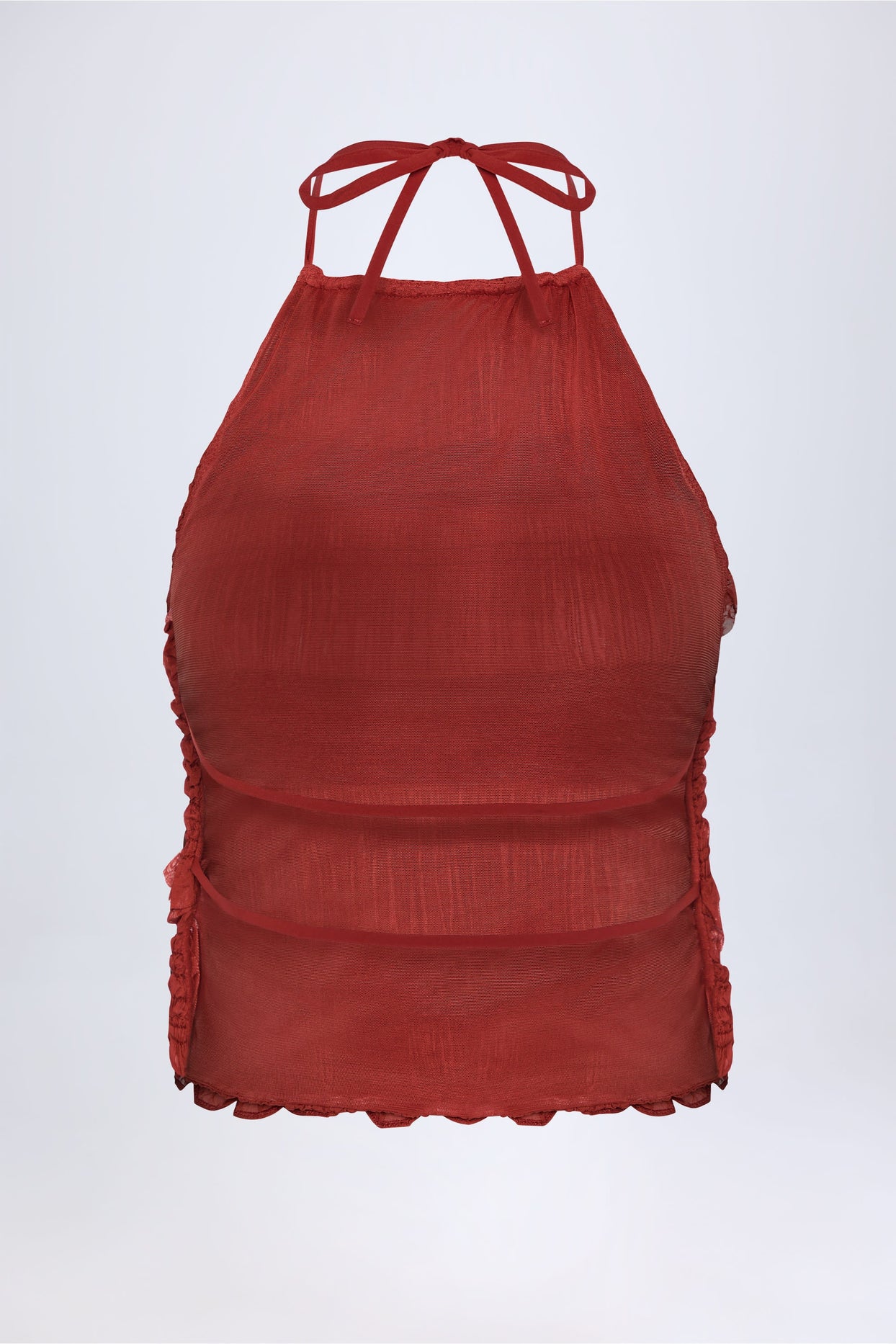 بلوزة مكشكشة، عالية الرقبة، مكشوفة الظهر، باللون الأحمر المحروق