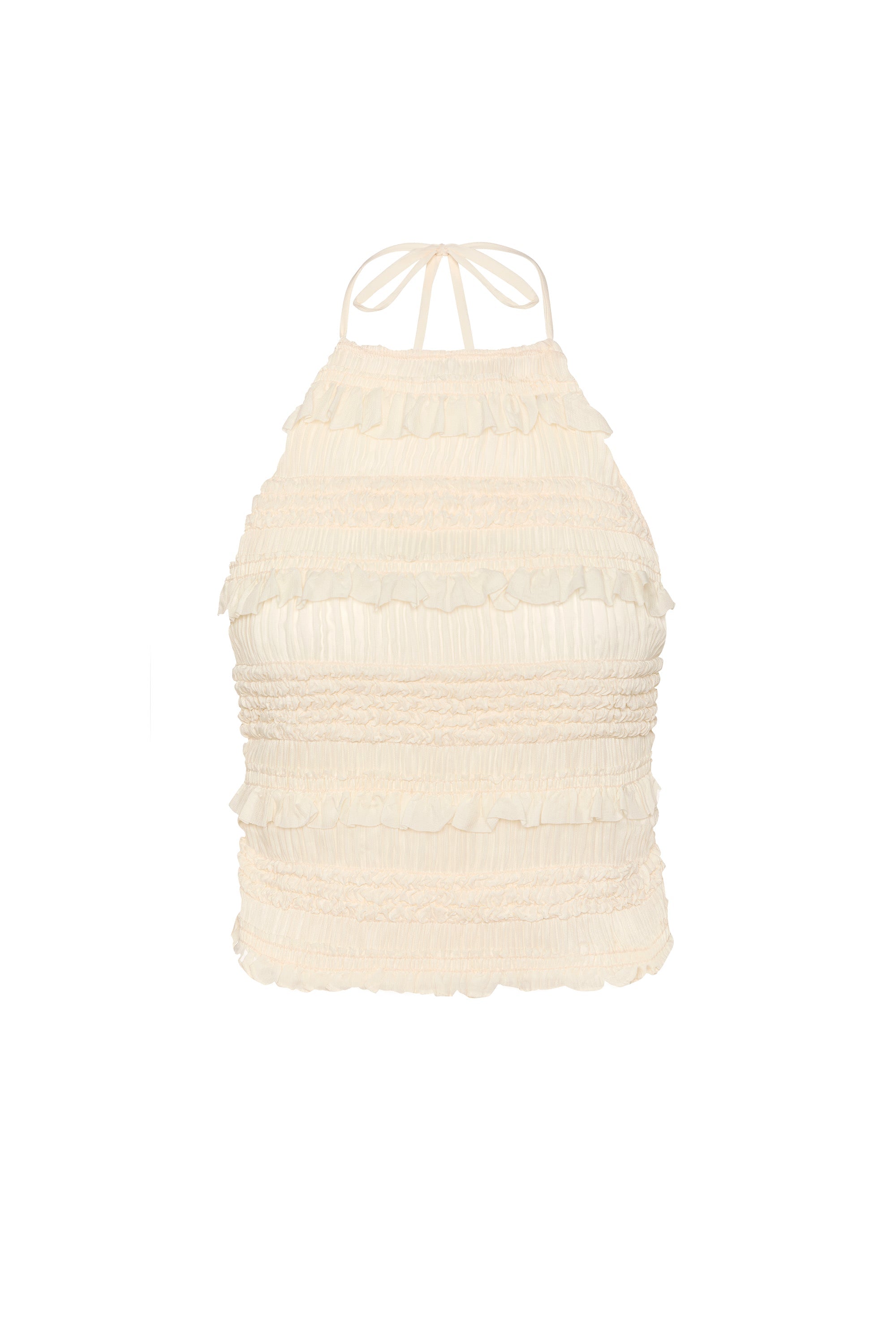 Ruffled High-Neck Backless Top in Ivory