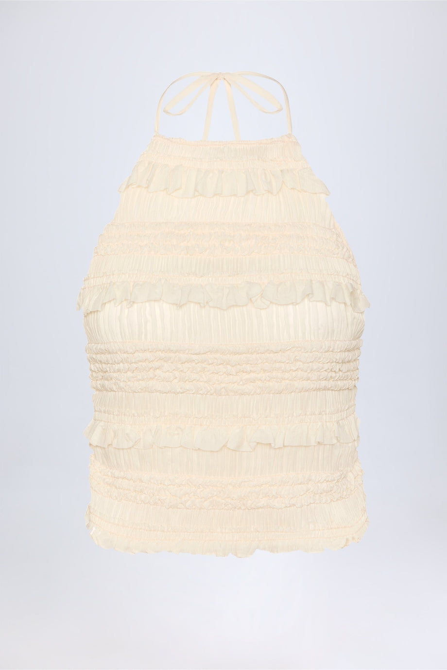 Ruffled High-Neck Backless Top in Ivory