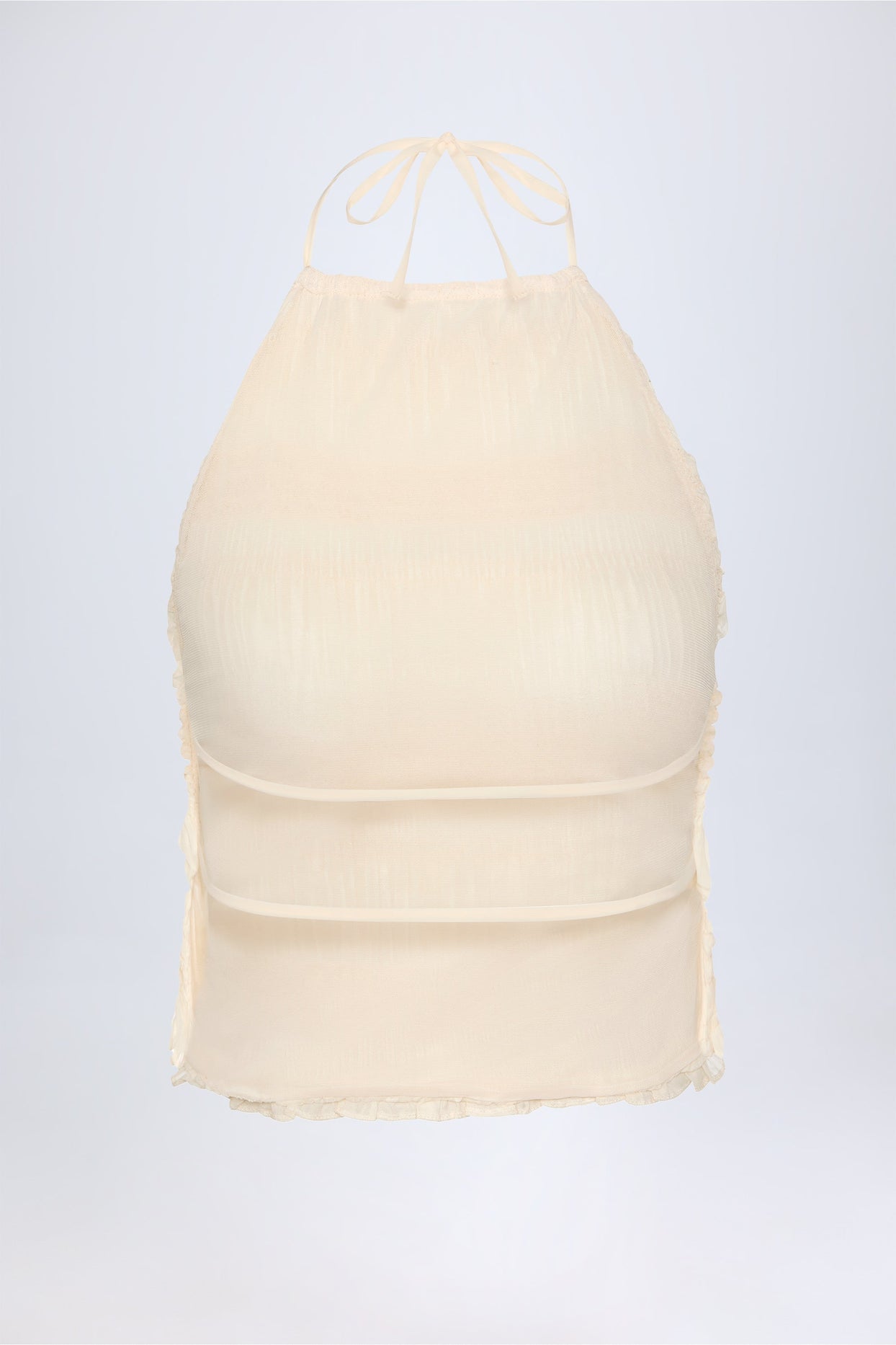 بلوزة مكشكشة، عالية الرقبة، مكشوفة الظهر، عاجي اللون