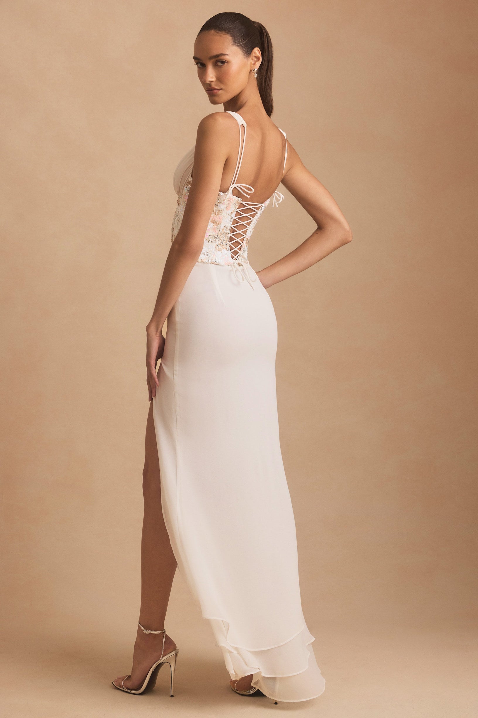Embellished Plunge Ruffled Corset Maxi Dress in Ivory - 2