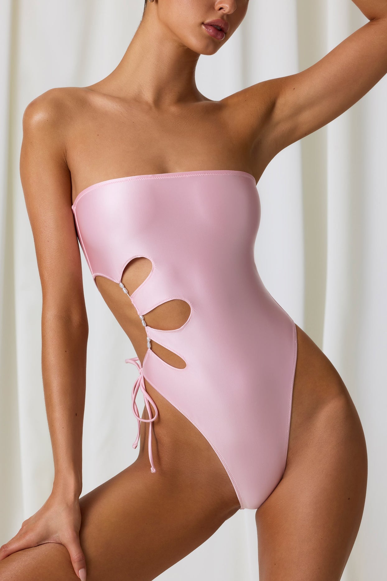 Pearl-Detail Cut-Out Bandeau Swimsuit in Soft Pink