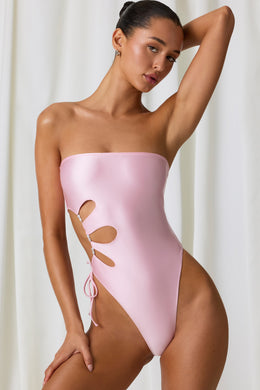 Pearl-Detail Cut-Out Bandeau Swimsuit in Soft Pink