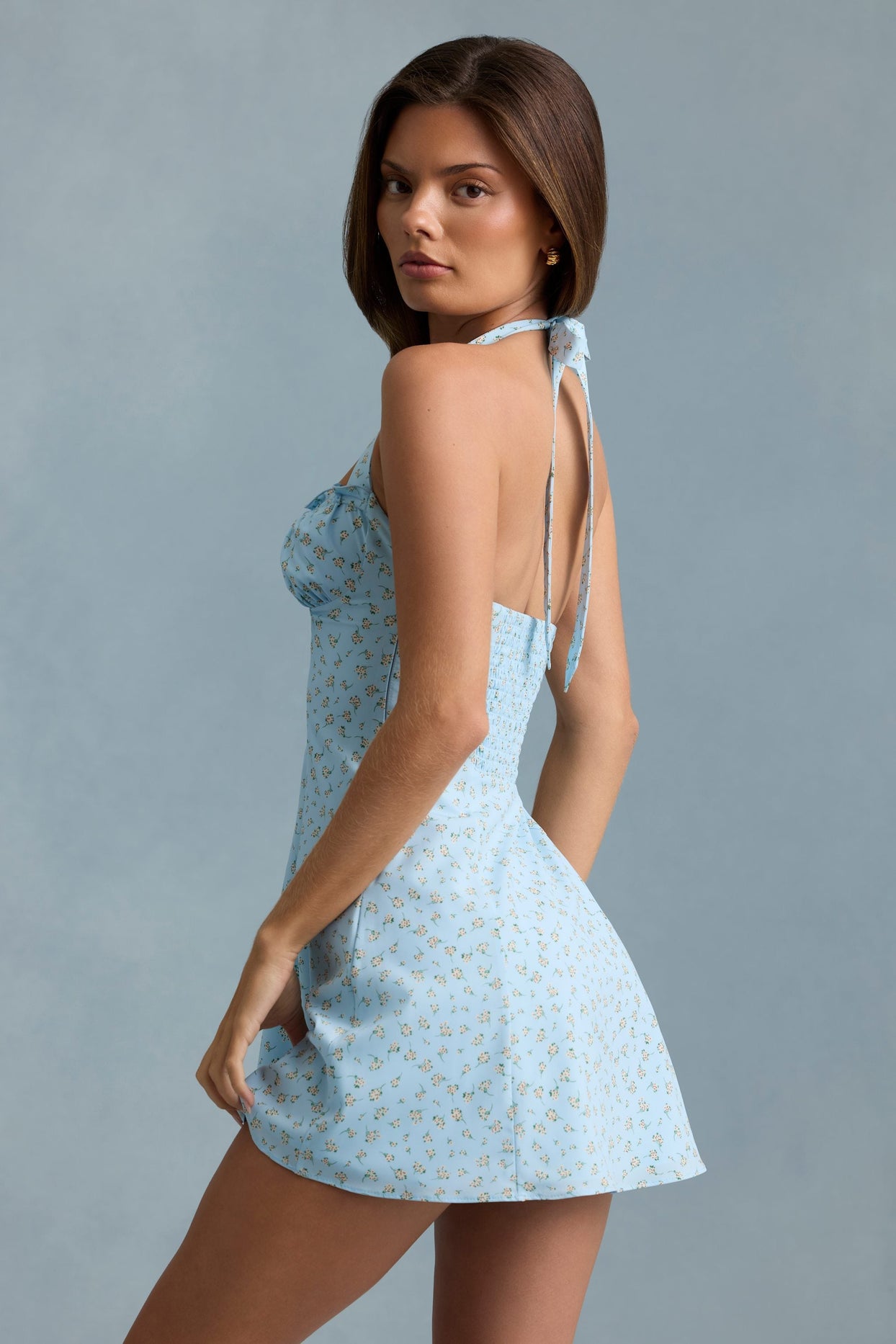 Halterneck A-Line Mini Dress in Blue Flower Print