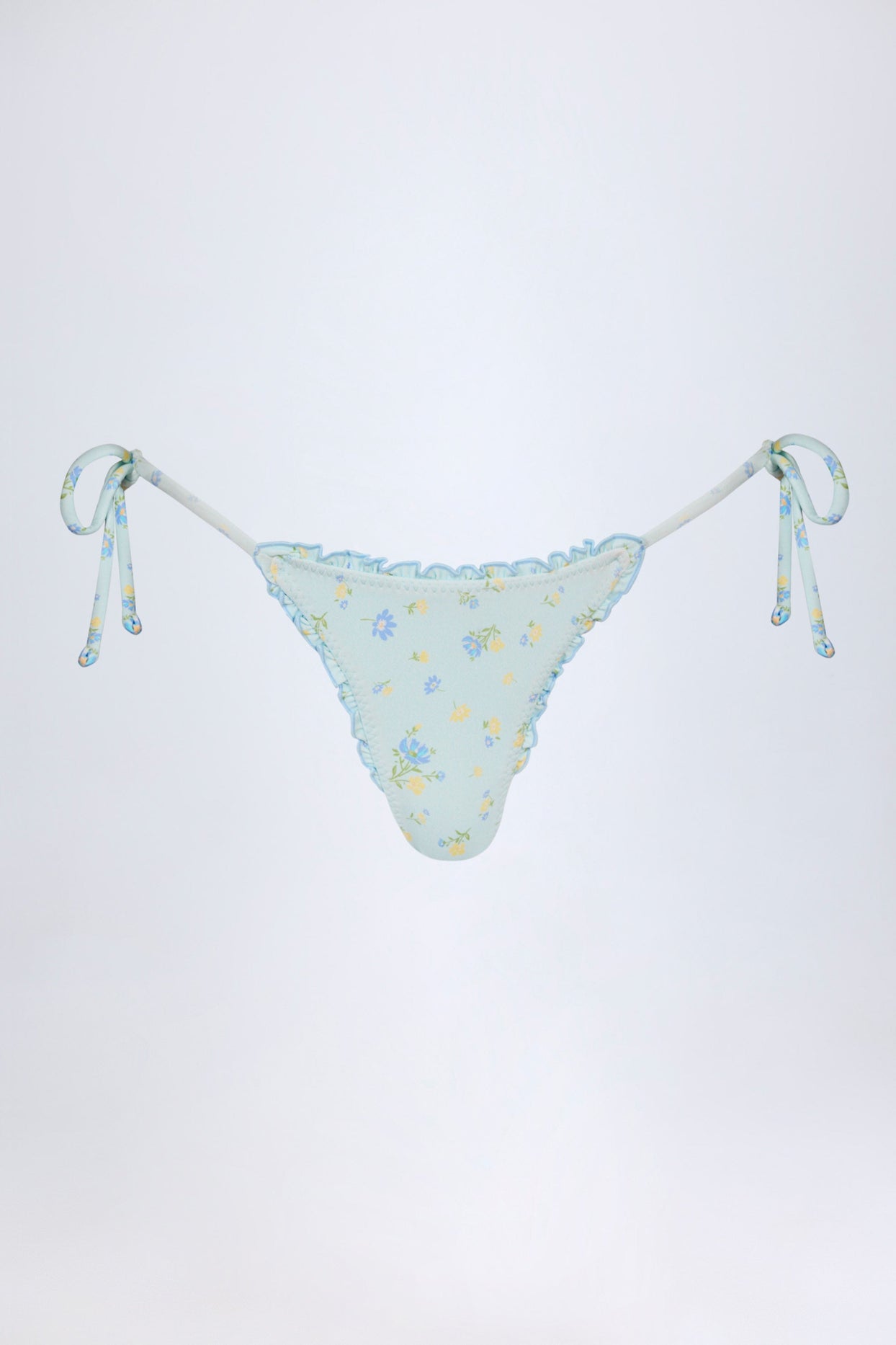 Side-Tie Thong Bikini Bottoms in Blue Floral Print