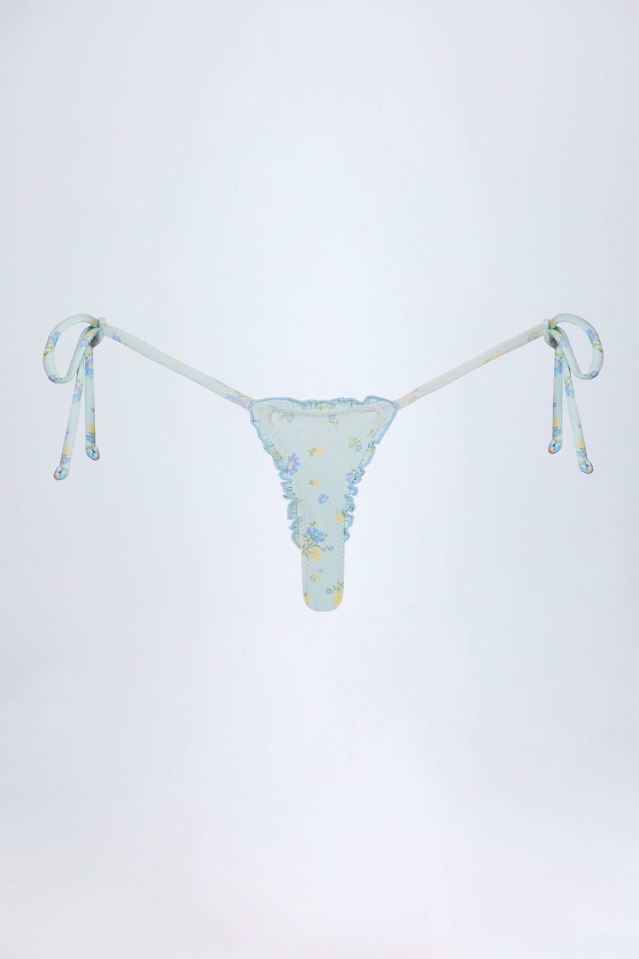 Side-Tie Thong Bikini Bottoms in Blue Floral Print