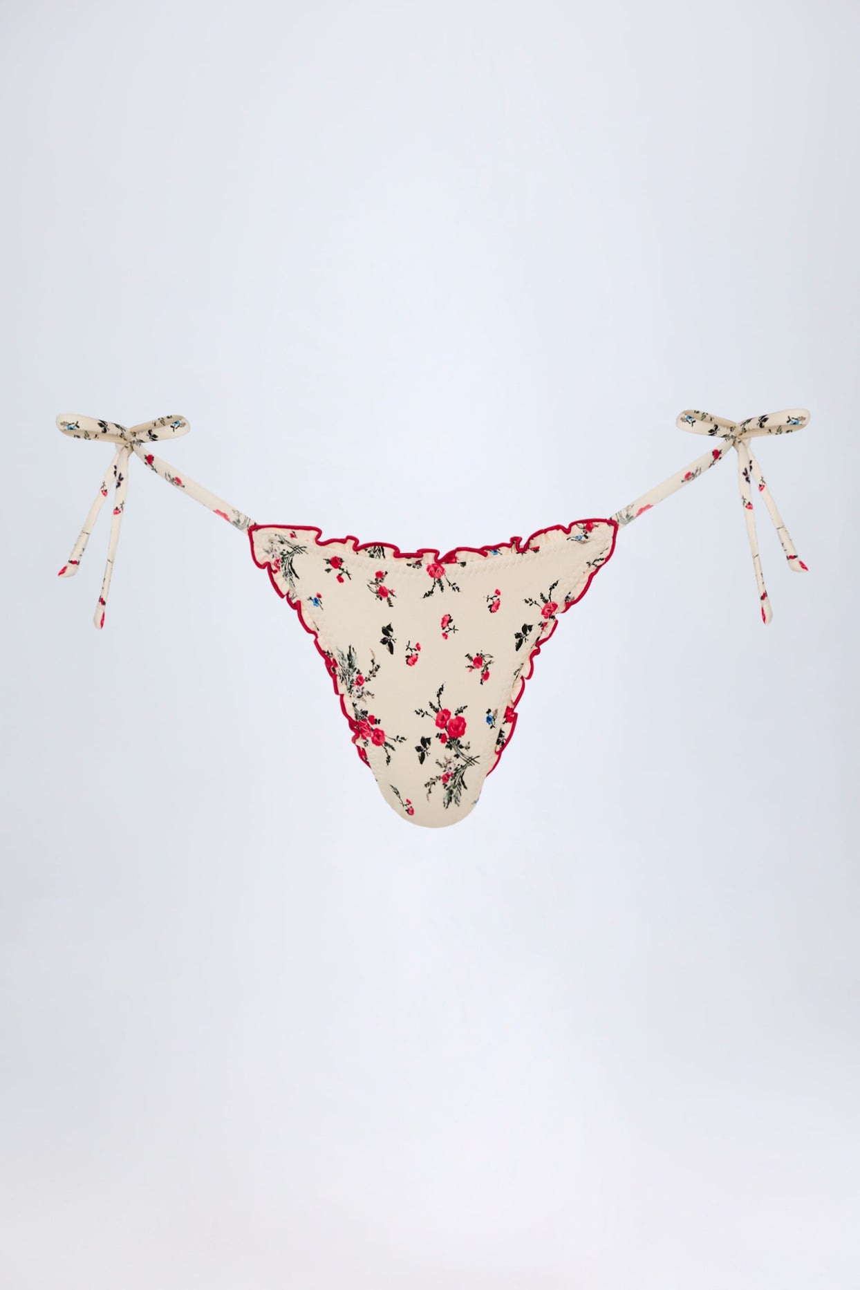 Side-Tie Thong Bikini Bottoms in Red Floral Print