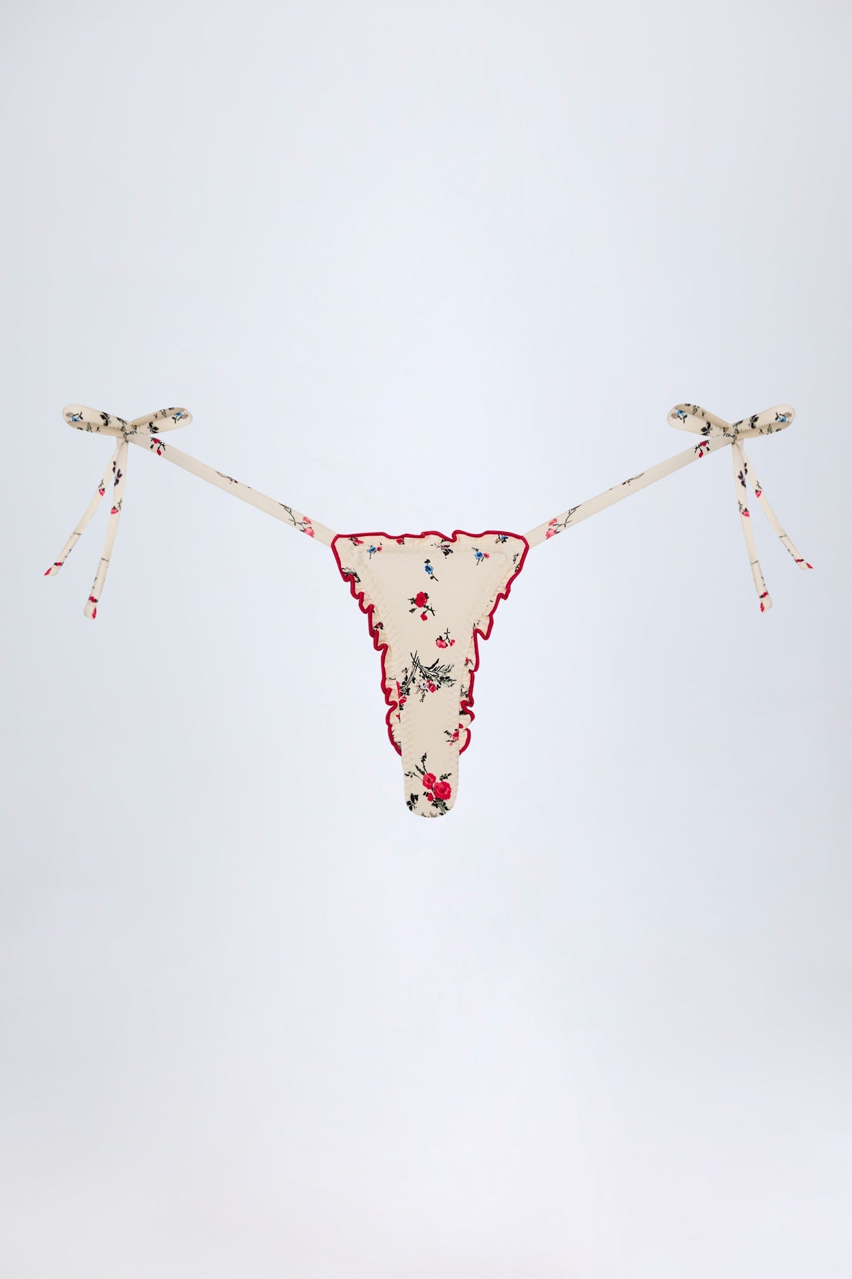 Side-Tie Thong Bikini Bottoms in Red Floral Print