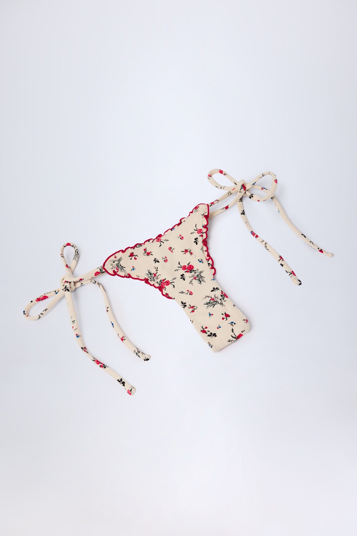 Side-Tie Thong Bikini Bottoms in Red Floral Print