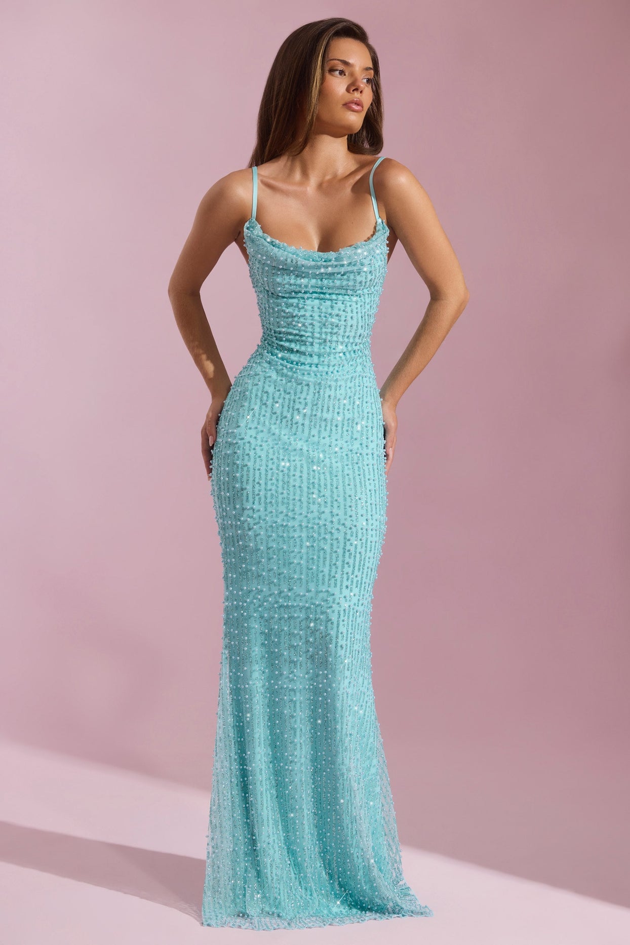 Embellished Cowl-Neck Backless Maxi Dress in Aqua Blue