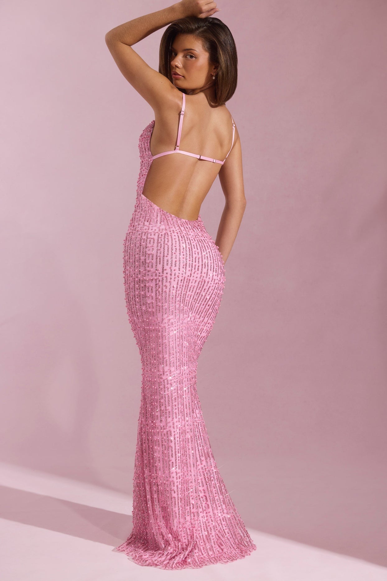 Embellished Cowl-Neck Backless Maxi Dress in Pink