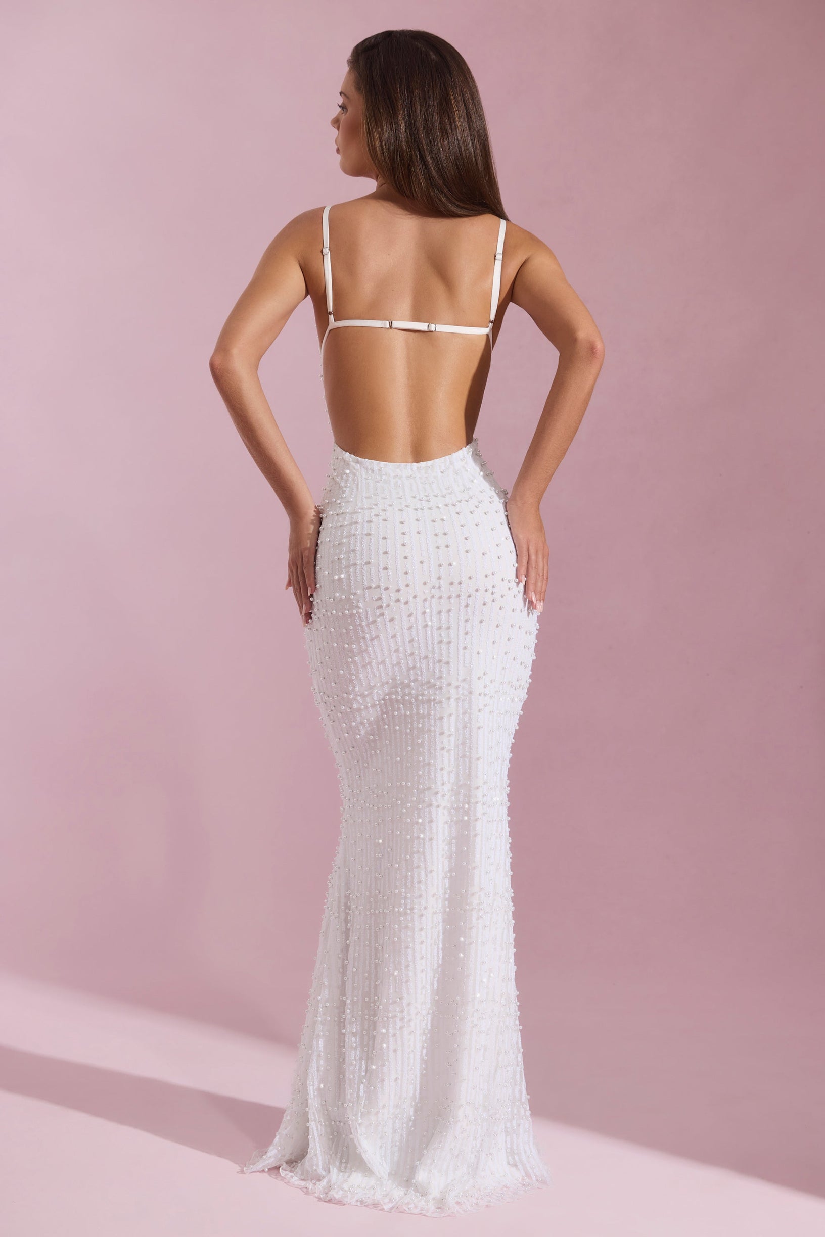 Embellished Cowl-Neck Backless Maxi Dress in White - 2