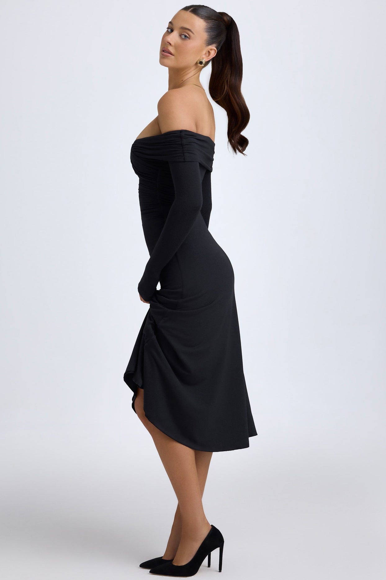 Modal Off-Shoulder Ruched Midaxi Dress in Black