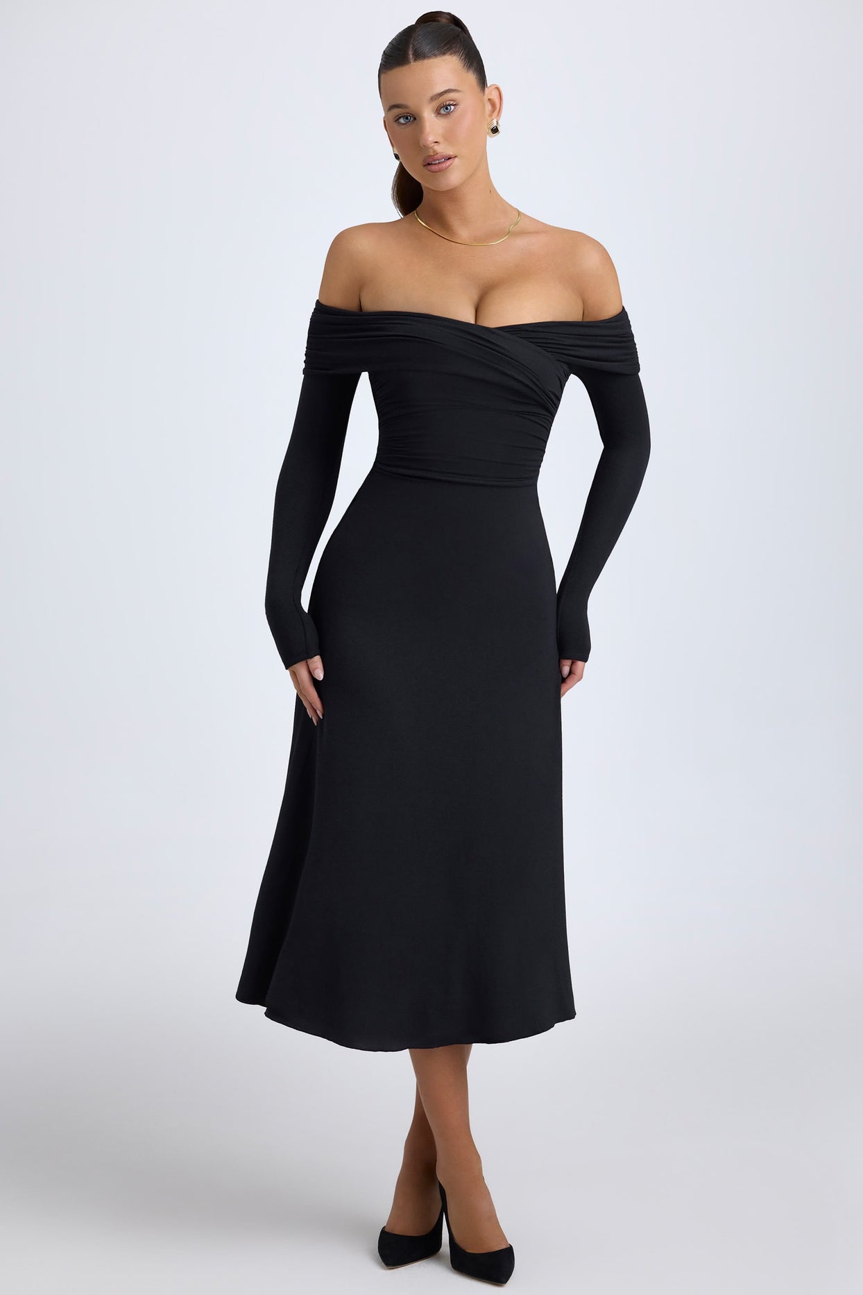 Modal Off-Shoulder Ruched Midaxi Dress in Black