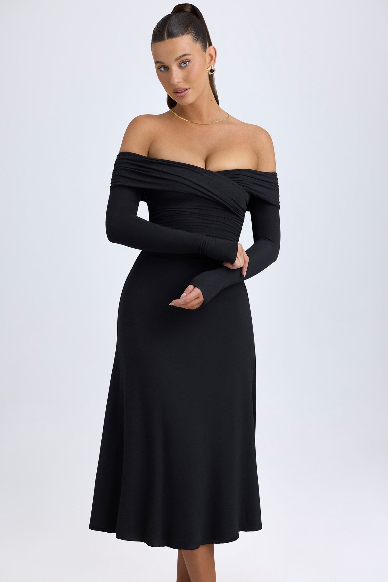 Modal Off-Shoulder Ruched Midaxi Dress in Black