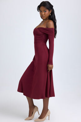 Modal Off-Shoulder Ruched Midaxi Dress in Wine Red