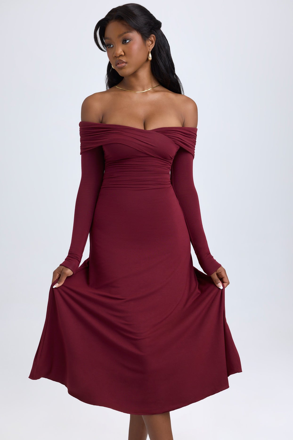 Modal Off-Shoulder Ruched Midaxi Dress in Wine Red