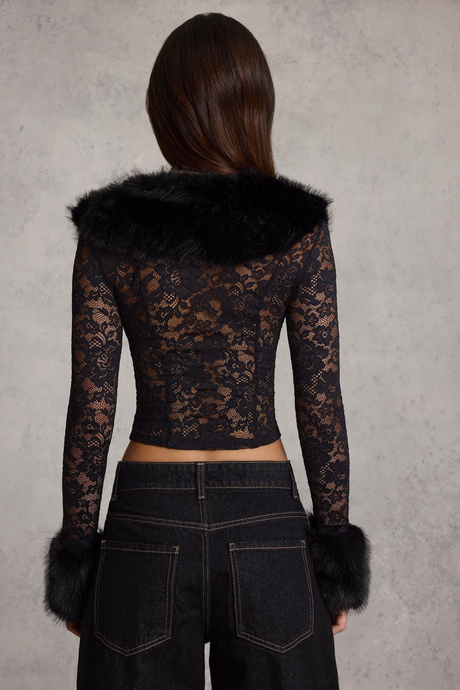 Faux Fur-Trim Lace Cardigan in Black