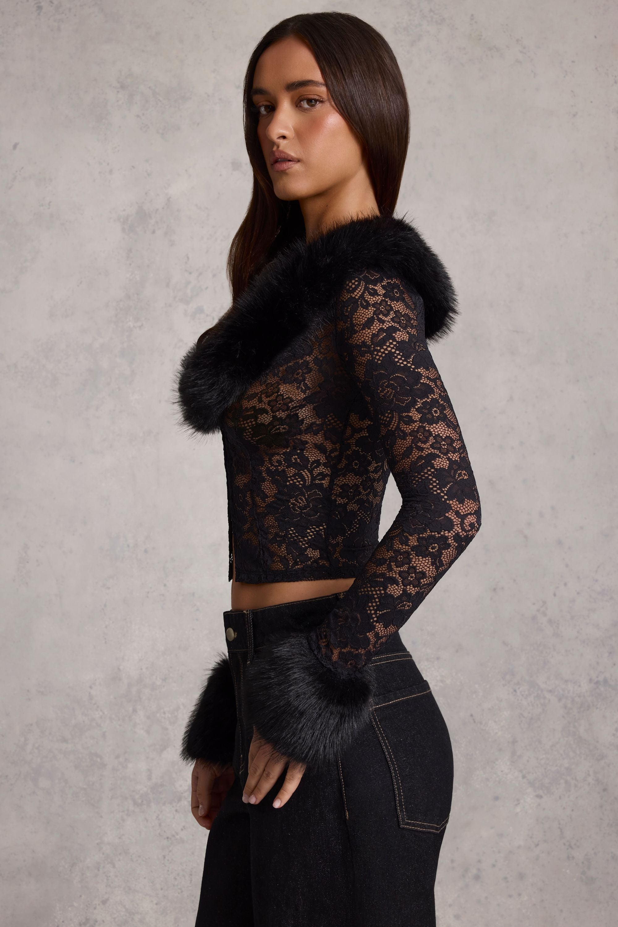 Noemy Faux Fur-Trim Lace Cardigan in Black | Oh Polly