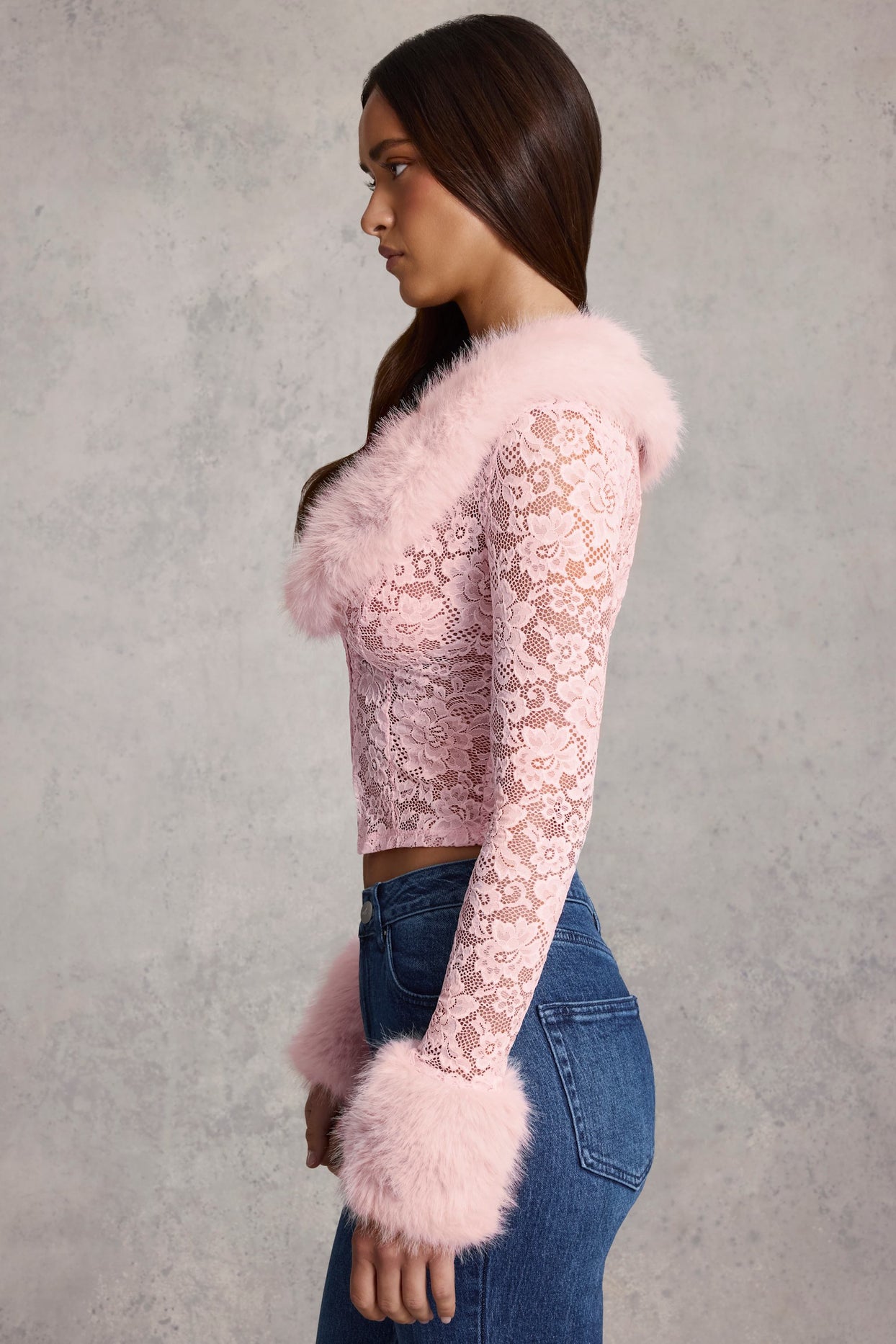 Faux Fur-Trim Lace Cardigan in Pink