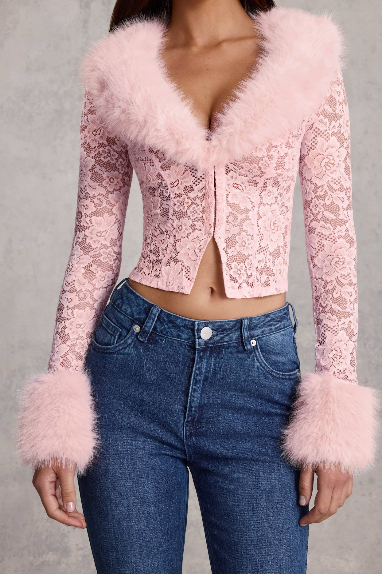 Faux Fur-Trim Lace Cardigan in Pink
