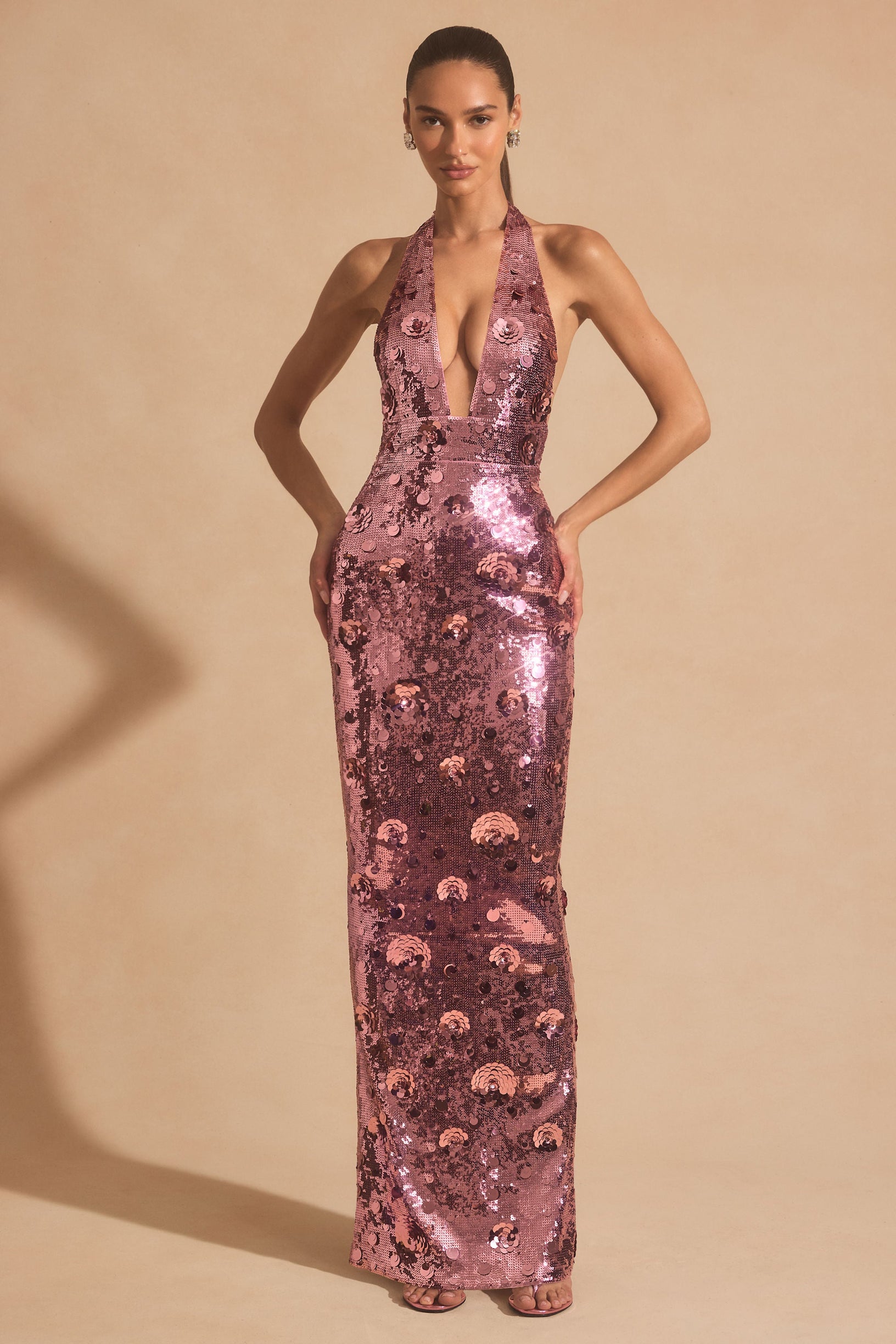 Sequin-Embellished Halterneck Maxi Dress in Pink - 1