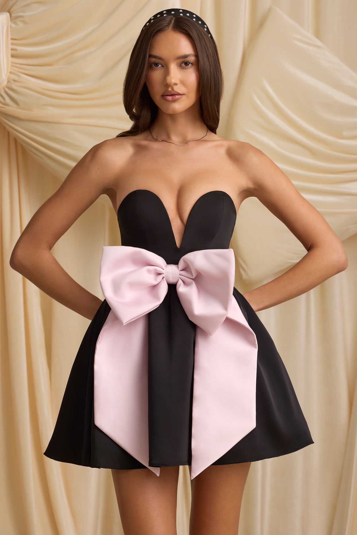 Bow-Detail Corset Mini Dress in Black