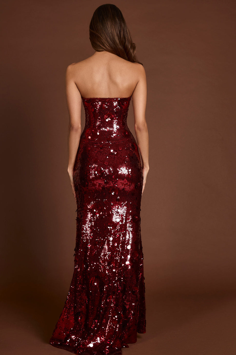 3D Embellished Bandeau Maxi Dress in Red