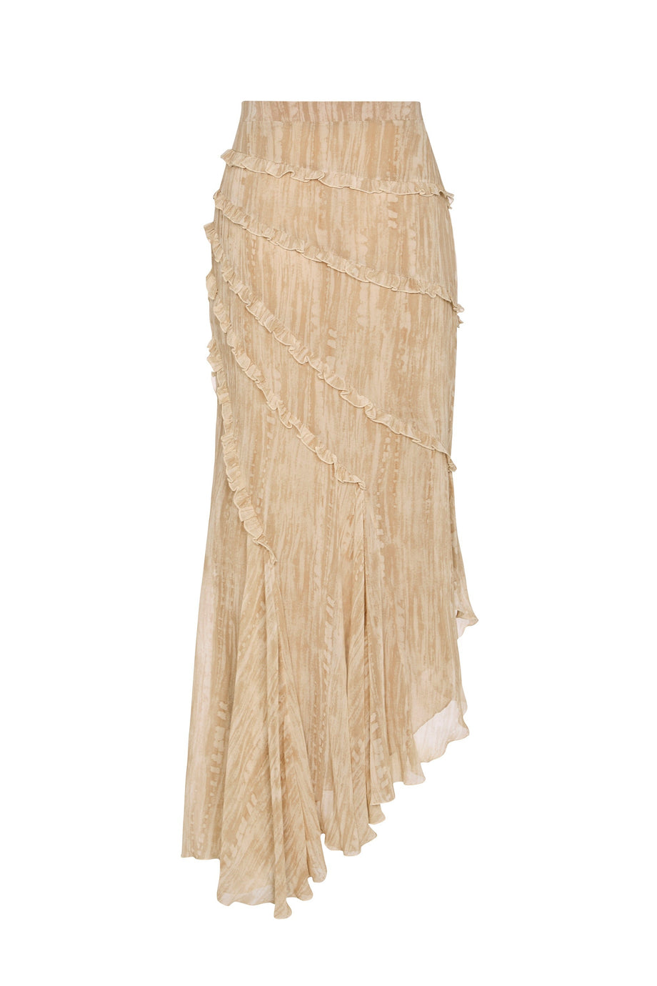 Ruffled Asymmetric Mid-Rise Maxi Skirt in Tan Print