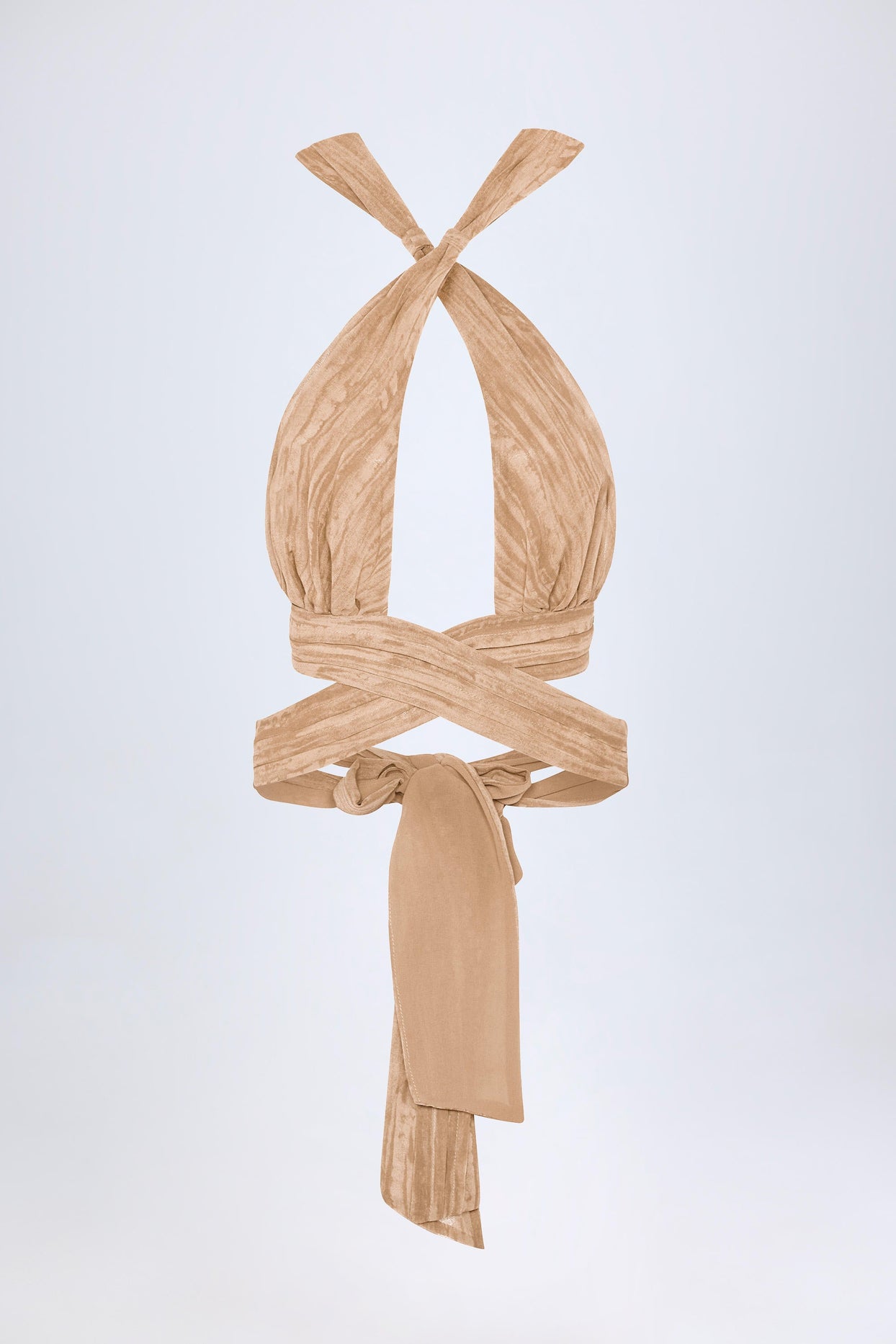 Ruched Halterneck Crop Top in Tan Print