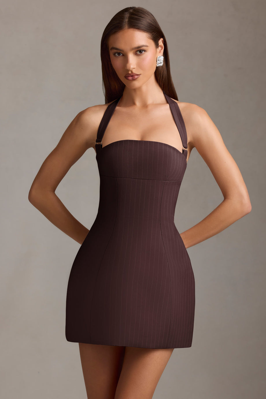 Pinstripe Halterneck Structured A-Line Mini Dress in Chocolate Brown