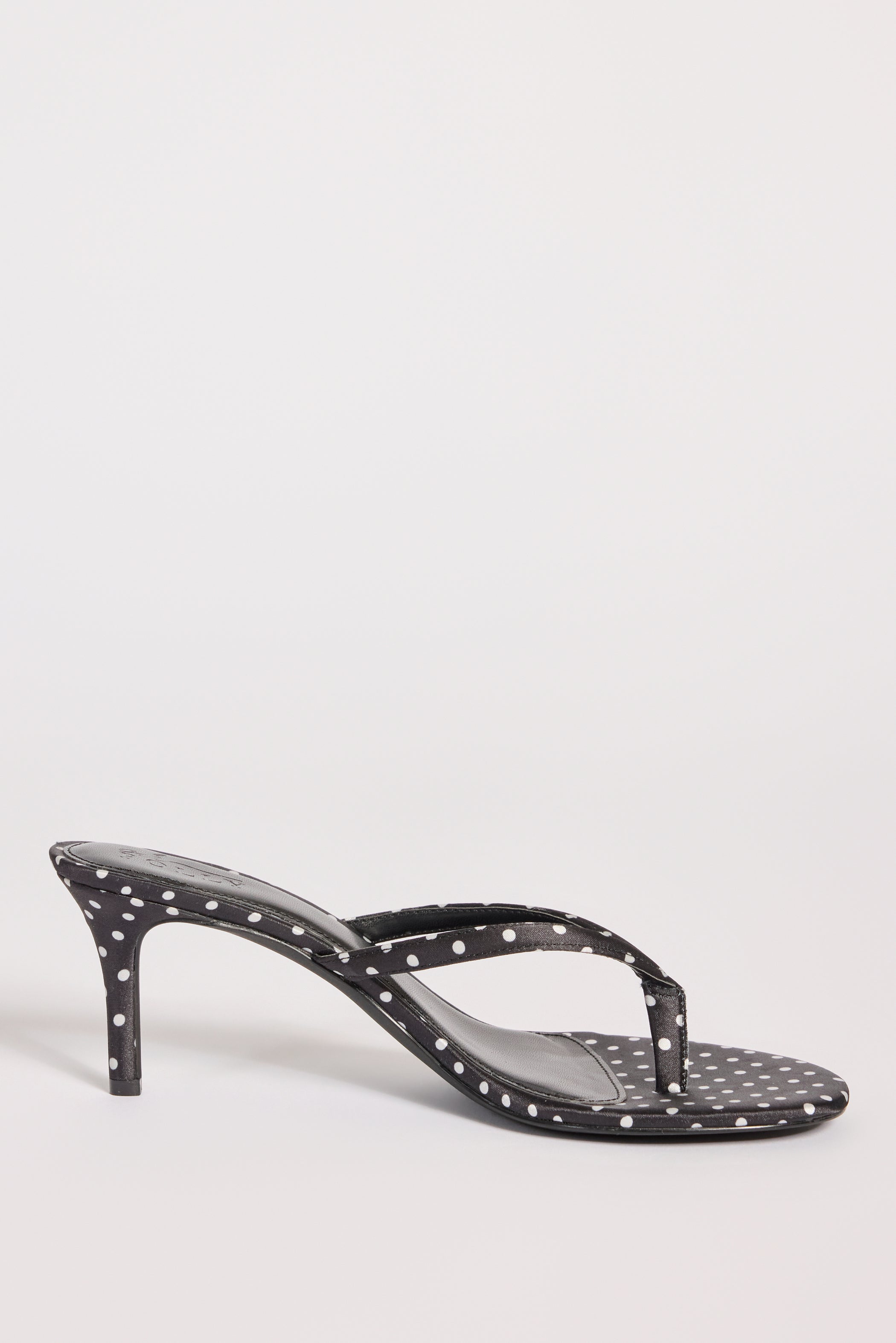 Satin Heeled Mule Sandal in Black Polka Dot