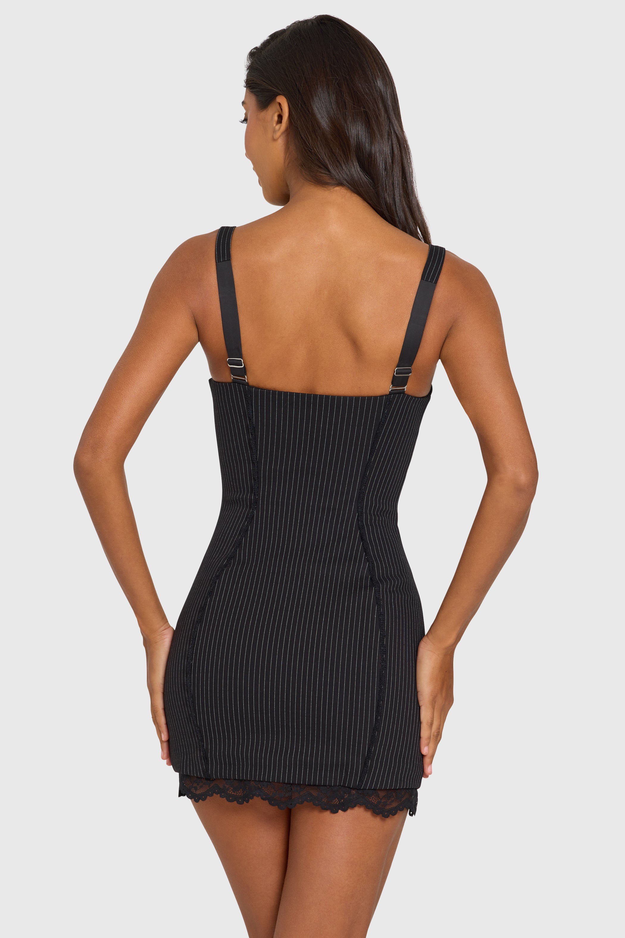 Pinstripe Ponte Lace-Trim Peekaboo Mini Dress  in Black Pinstripe