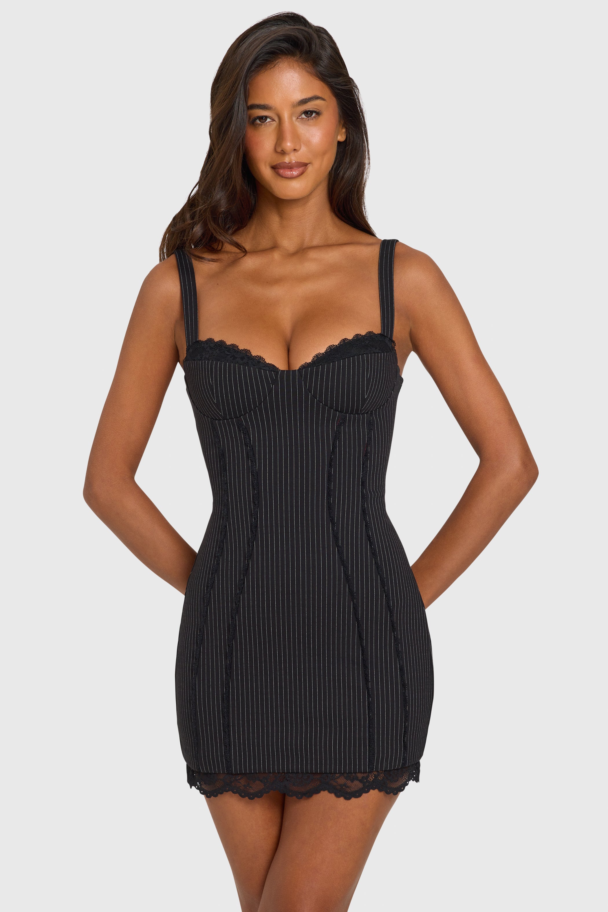 Pinstripe Ponte Lace-Trim Peekaboo Mini Dress  in Black Pinstripe