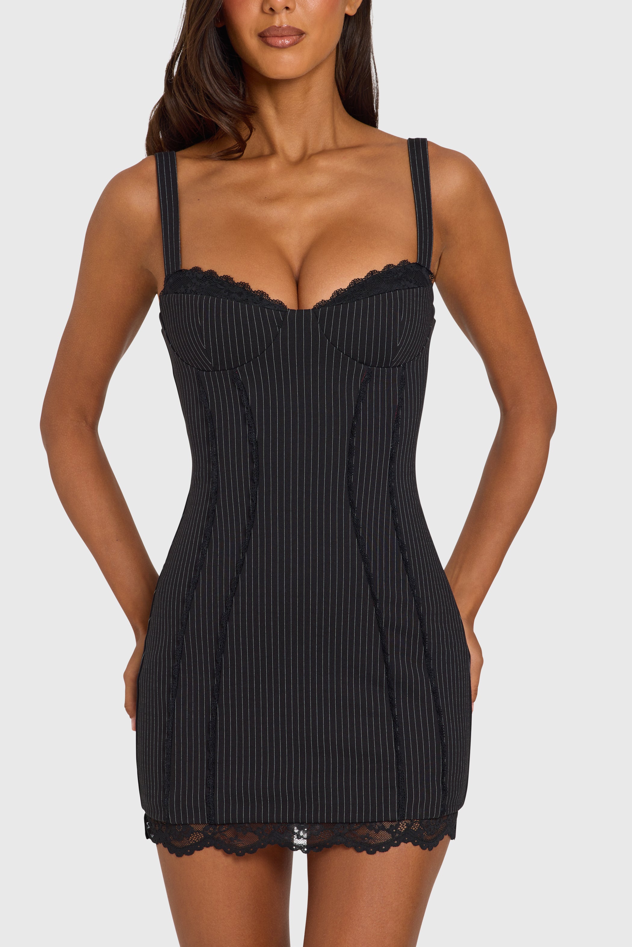 Pinstripe Ponte Lace-Trim Peekaboo Mini Dress  in Black Pinstripe