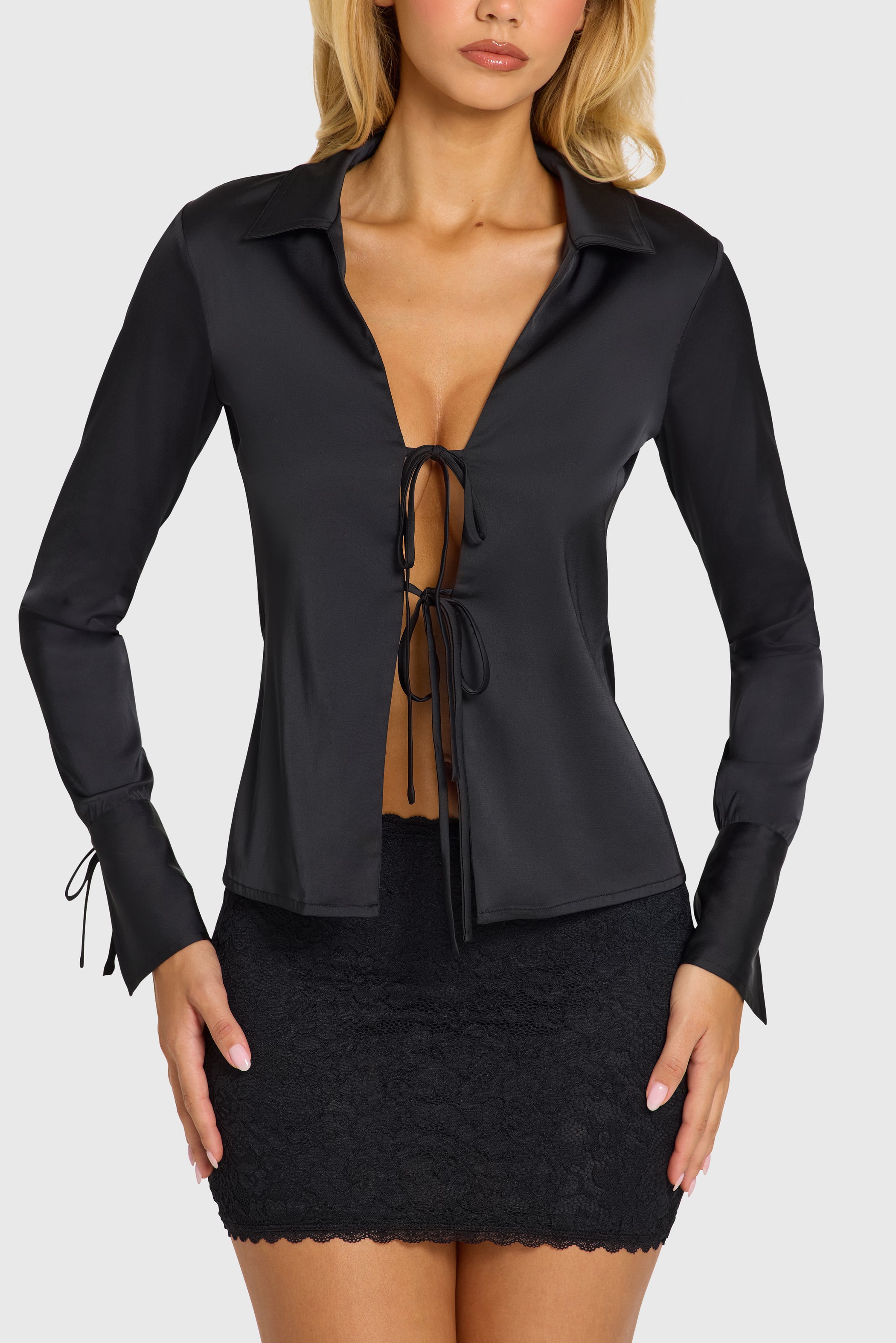 Satin Long-Sleeve Shirt in Black