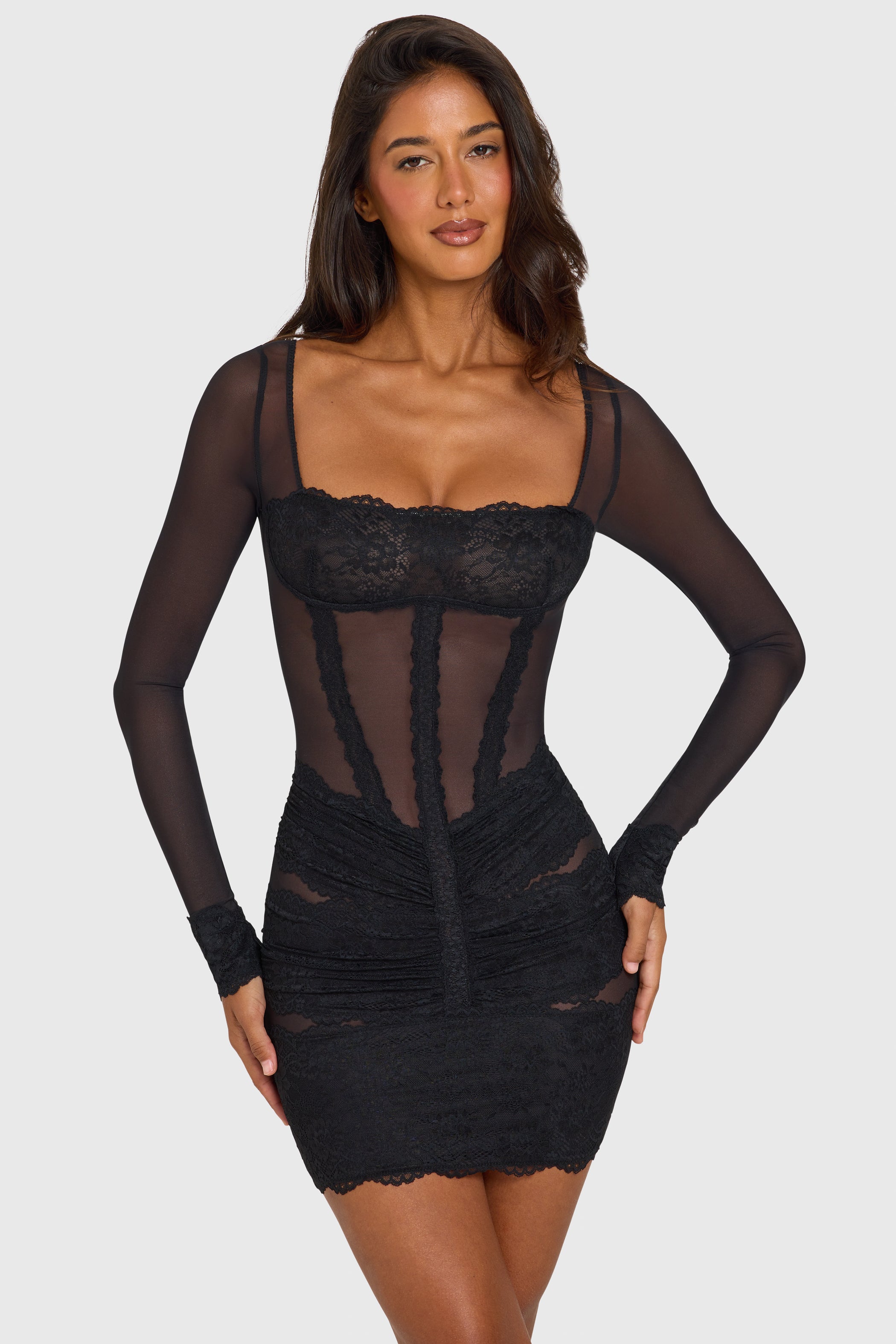 Placed Lace-Trim Long-Sleeve Mini Dress in Black