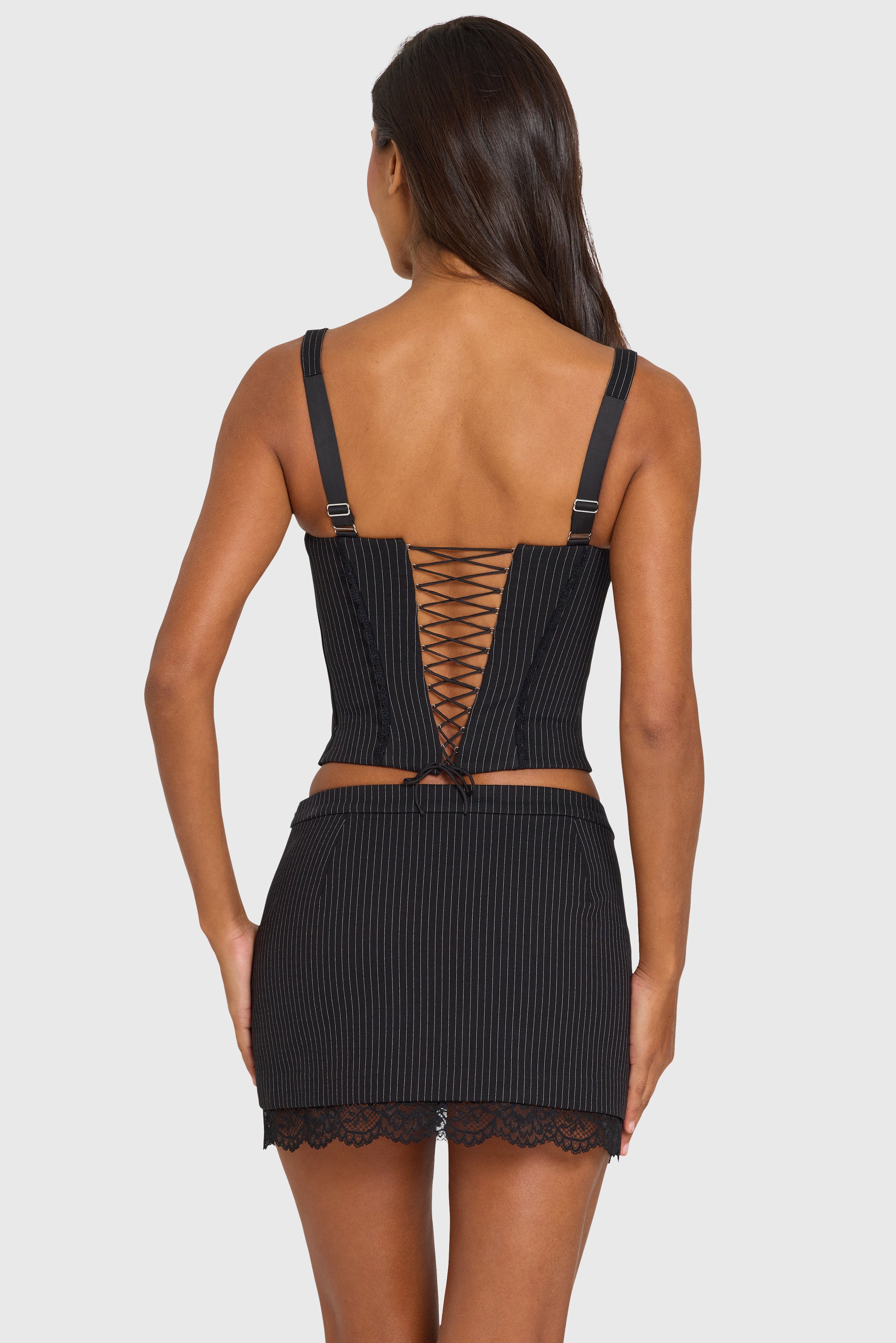 Pinstripe Ponte Lace-Trim Peekaboo Corset Top in Black Pinstripe