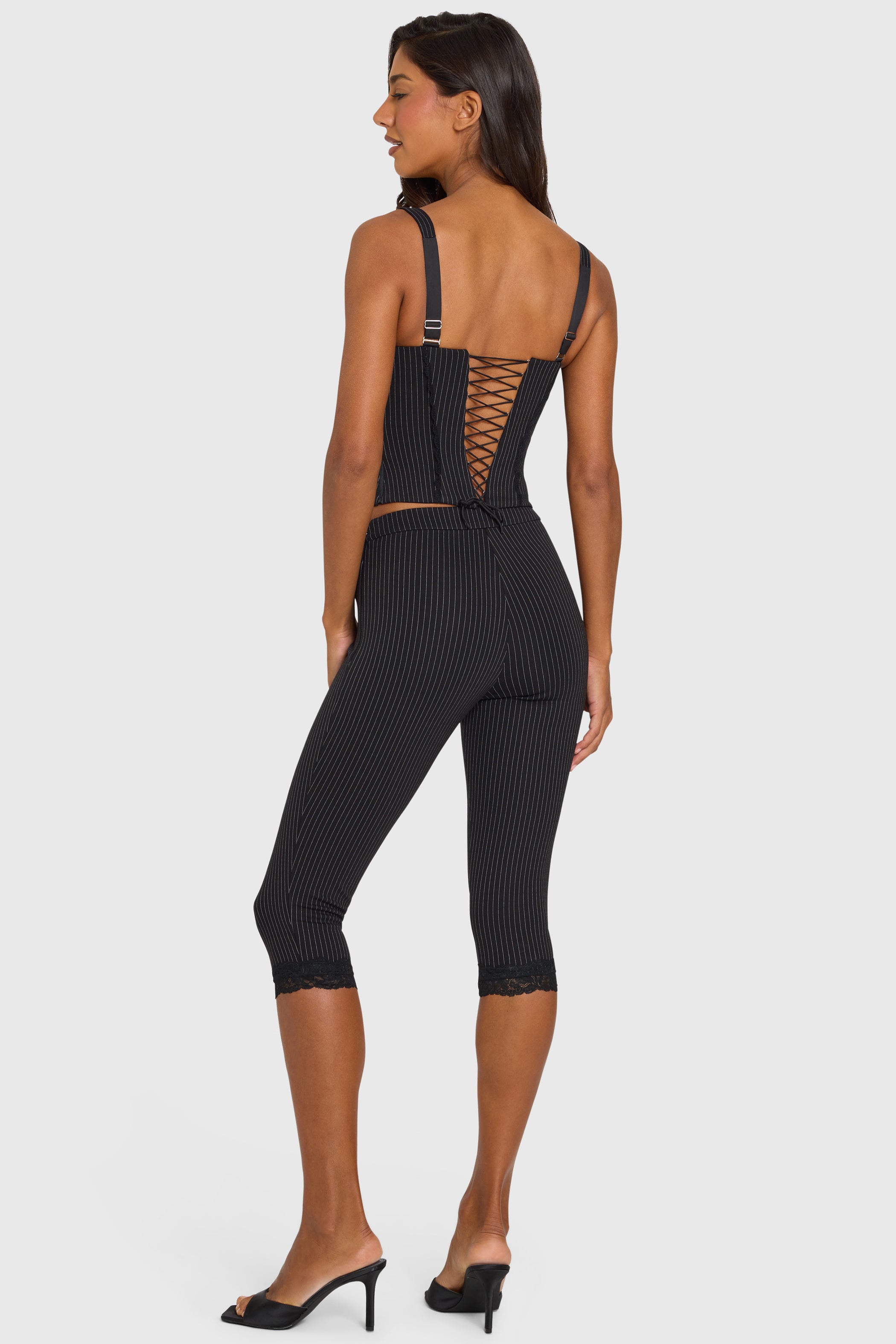 Pinstripe Ponte Capri Leggings in Black Pinstripe