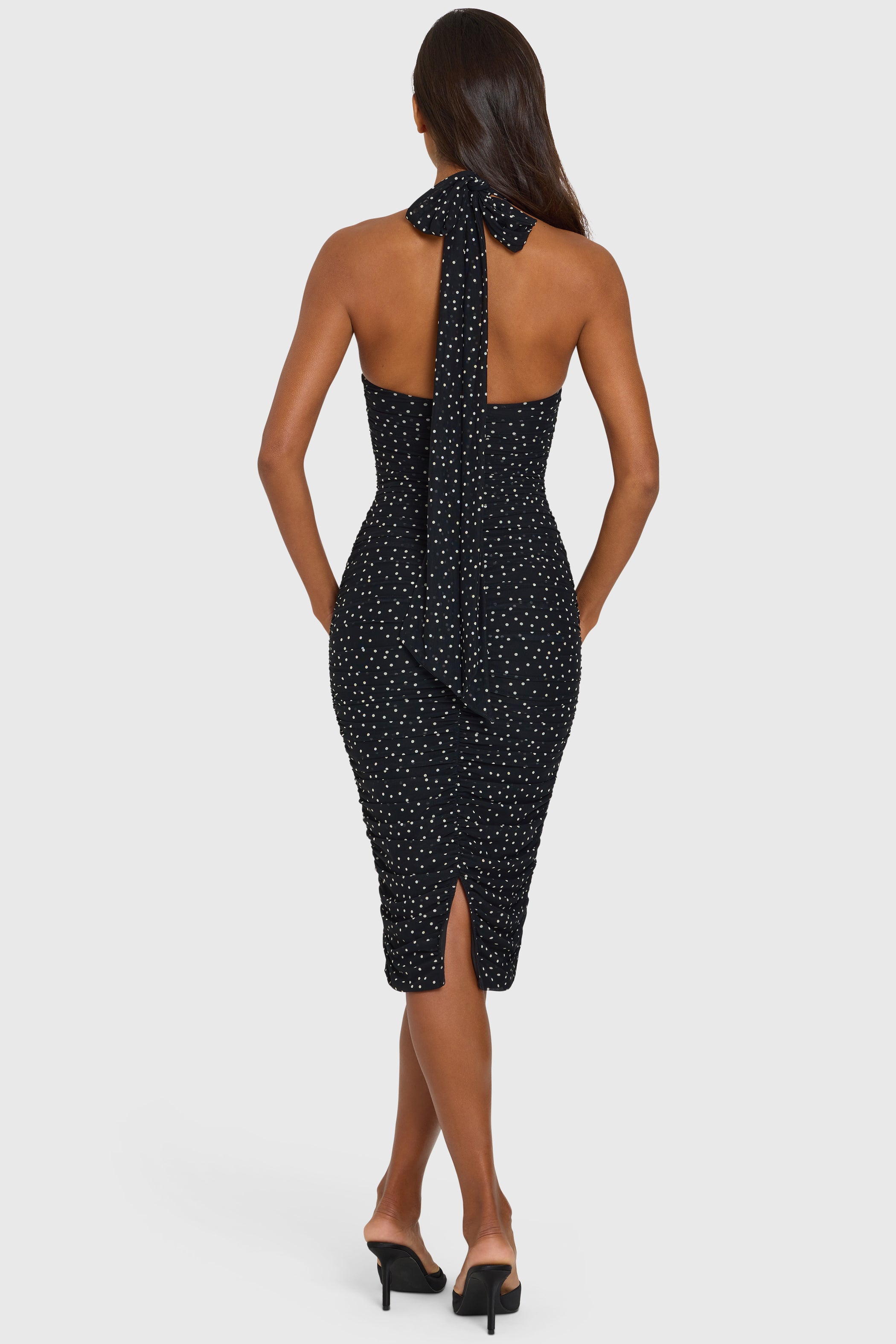 Polka-Dot Bodycon Midi Dress in Black Polka Dot