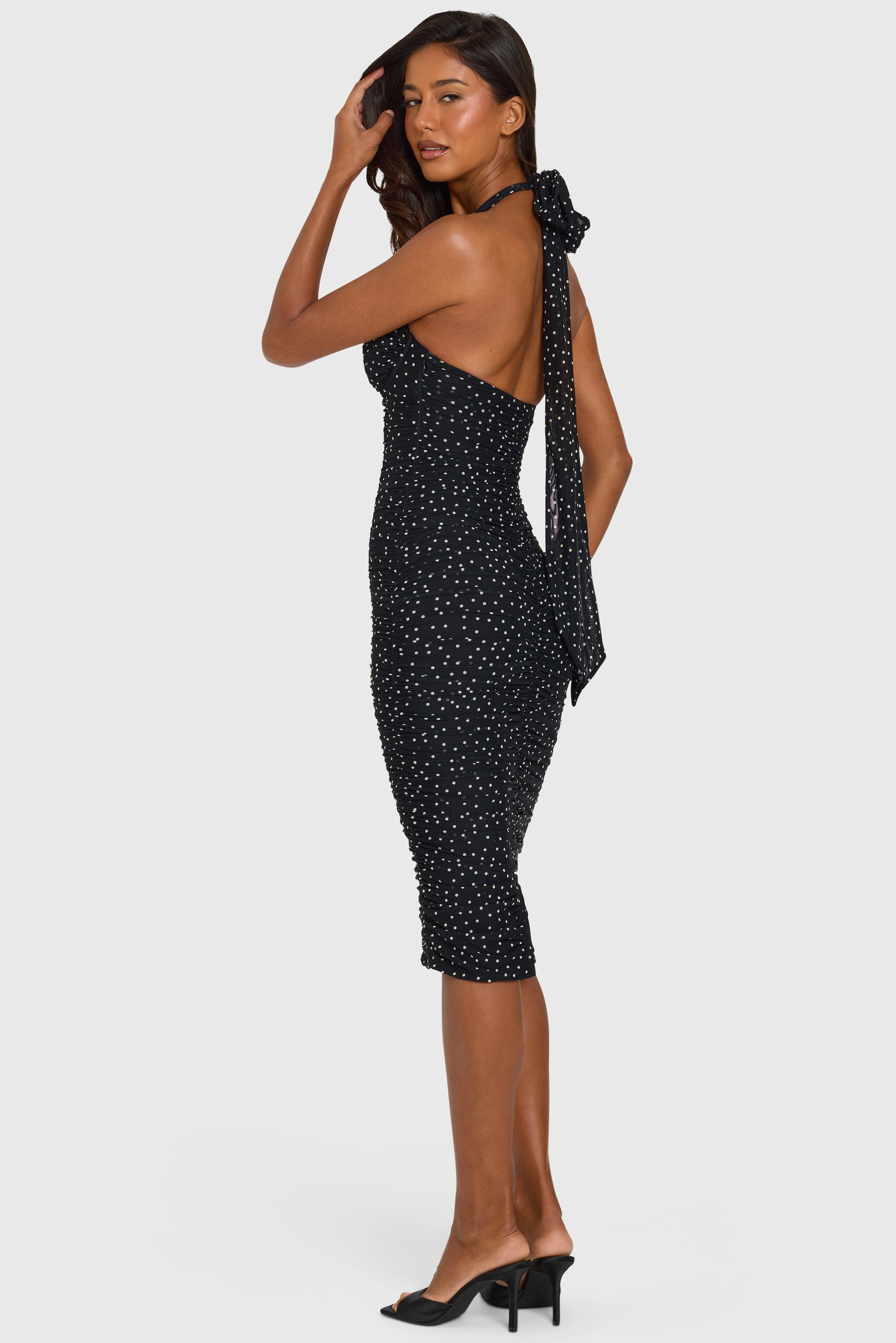 Polka-Dot Bodycon Midi Dress in Black Polka Dot