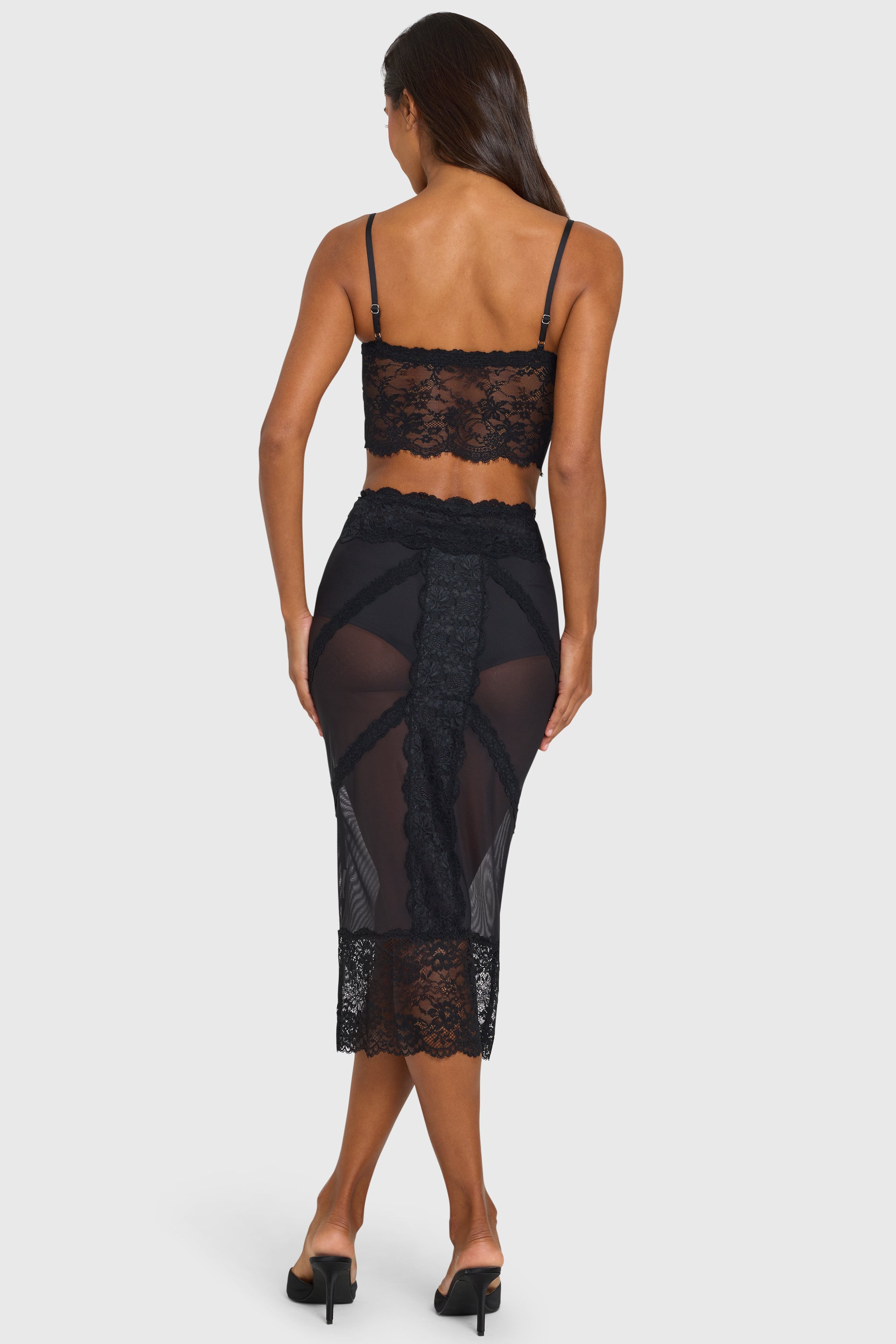 Placed Lace-Trim Low-Rise Midi Skirt in Black