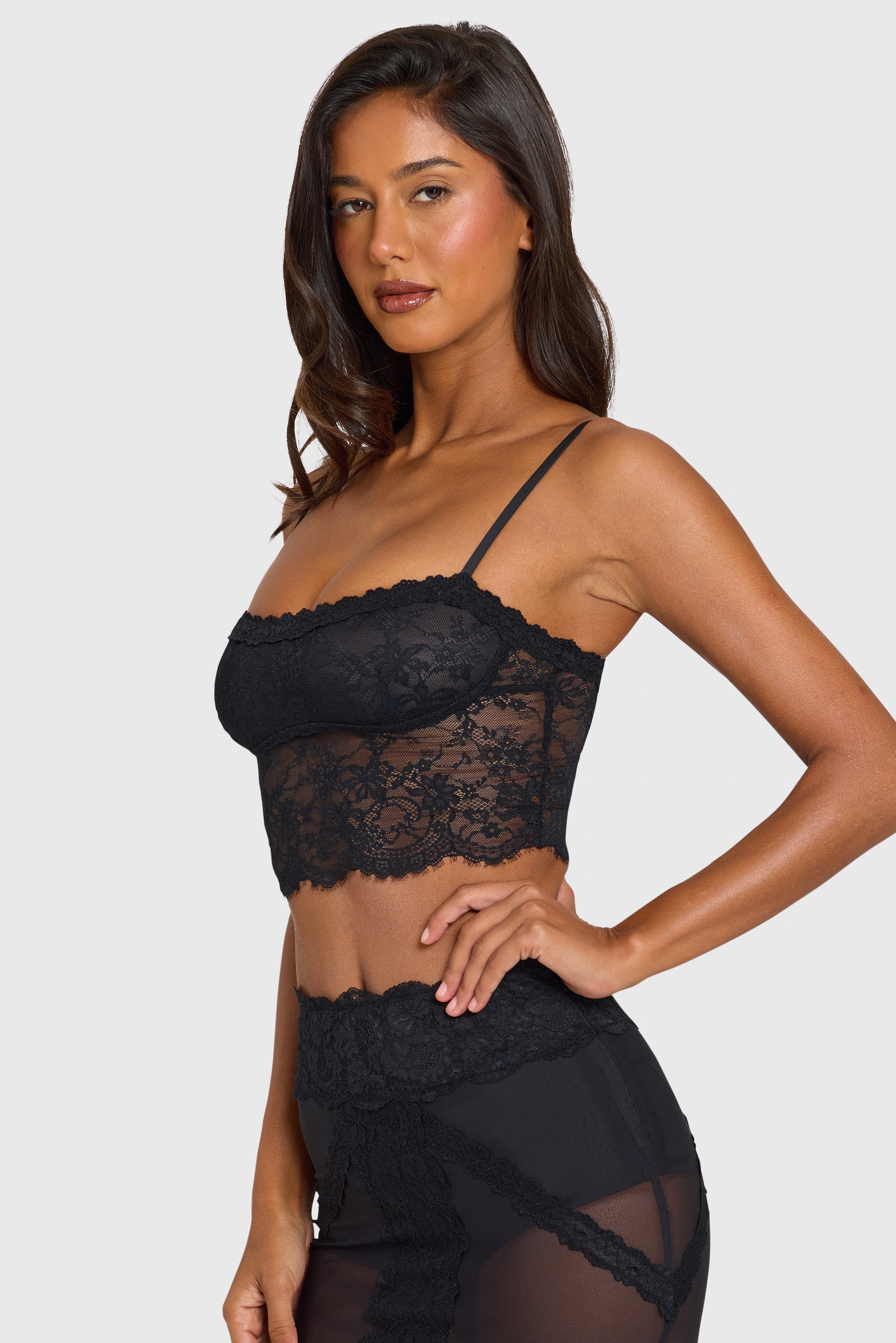 Placed Lace-Trim Crop Top  in Black
