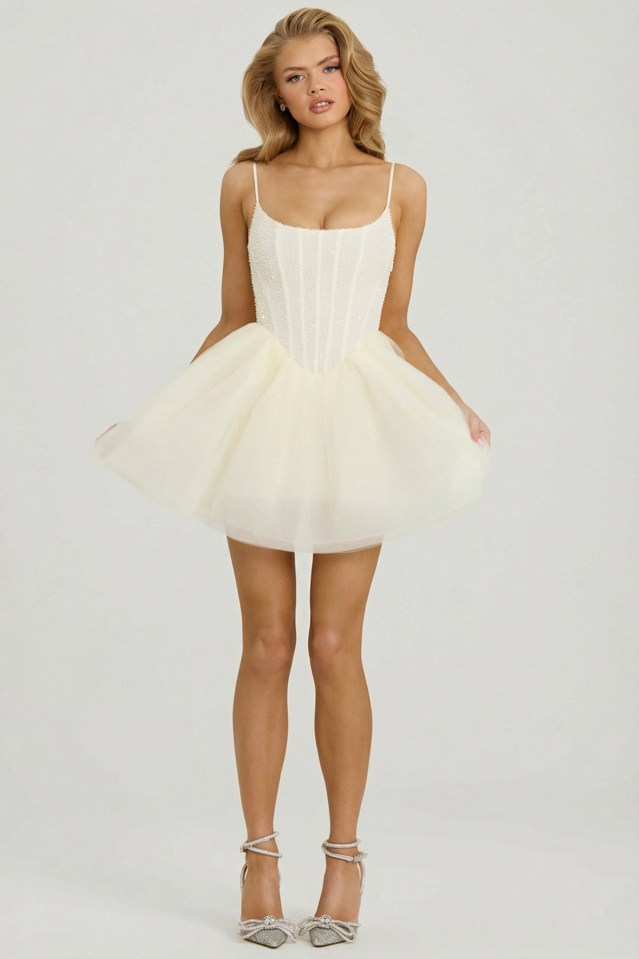 Embellished Corset Tulle Skirt Mini Dress in White - 4