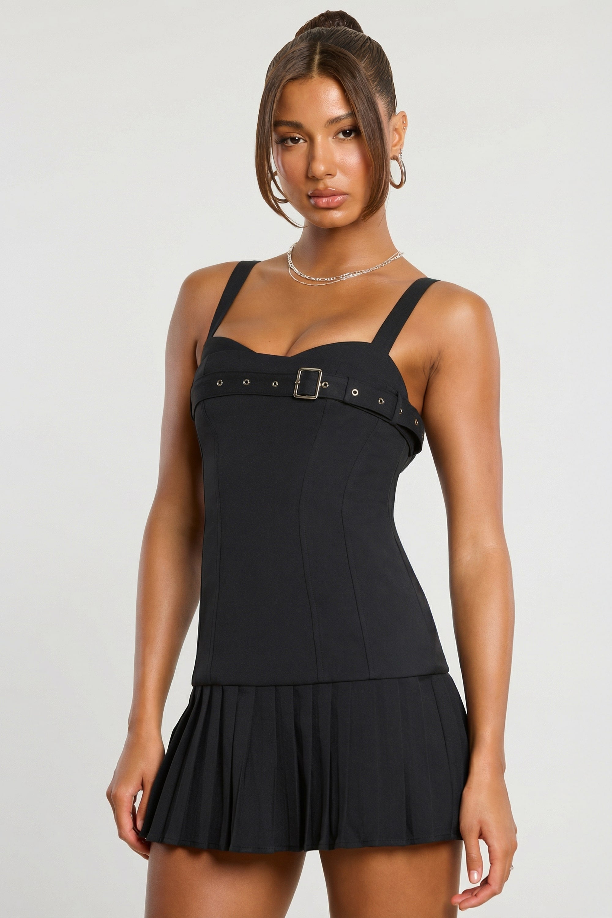 Clover Woven Wool Drop Waist Kilt Mini Dress in Black | Oh Polly